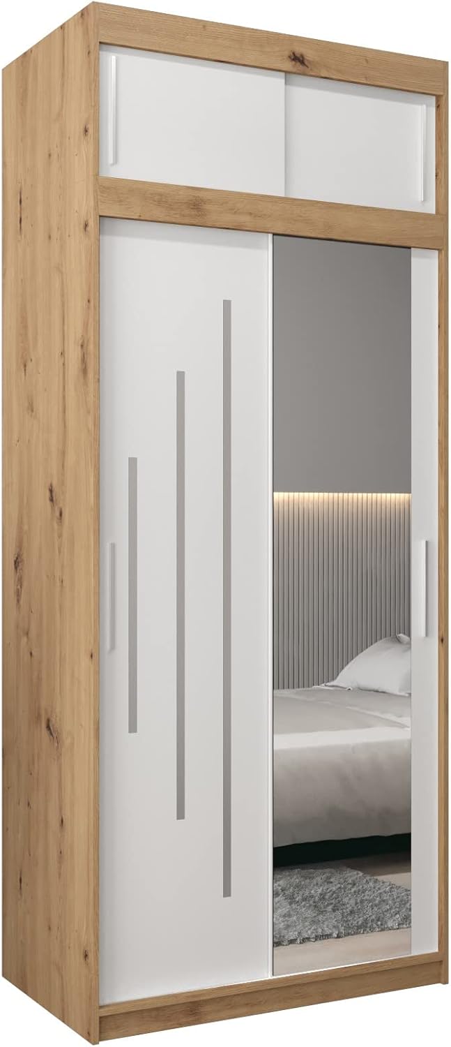MEBLE KRYSPOL Kleiderschrank mit Spiegel York 2 - Garderobenschrank - Schrank Schlafzimmer - Mehrzweckschrank Zwei Schiebetüren - Regalen - Flur Möbel - Kleiderstange Schrank - Allzweckschrank