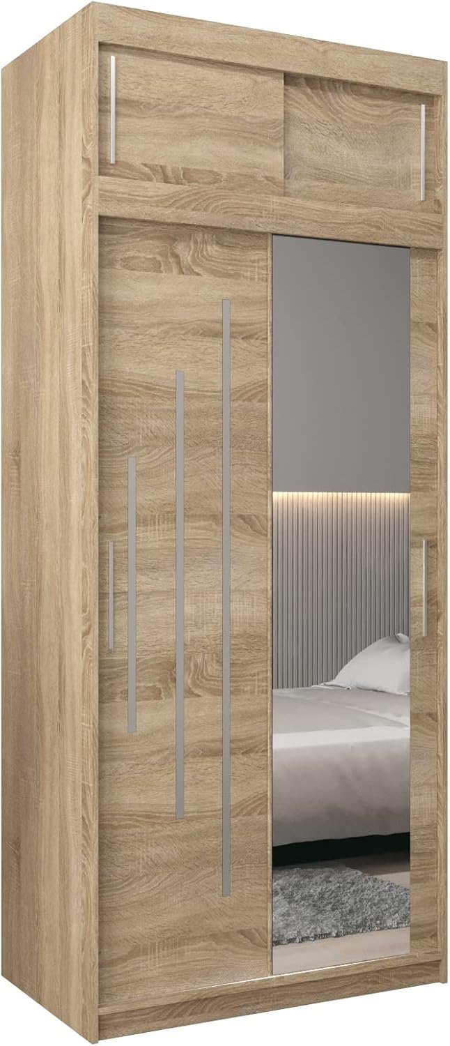 MEBLE KRYSPOL Kleiderschrank mit Spiegel York 2 - Garderobenschrank - Schrank Schlafzimmer - Mehrzweckschrank Zwei Schiebetüren - Regalen - Flur Möbel - Kleiderstange Schrank - Allzweckschrank