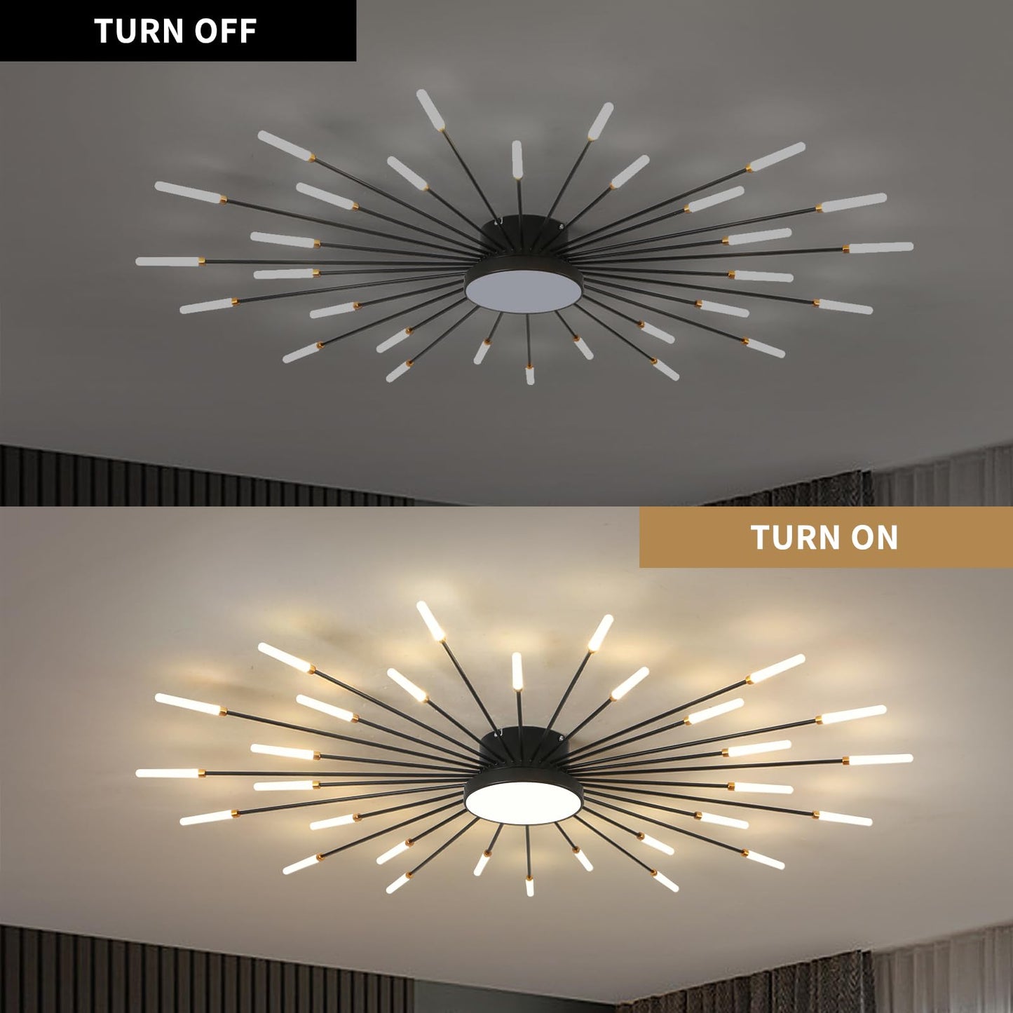 minifair Moderne LED-Deckenleuchte, 12 + 1 Köpfe, halbbündige Deckenleuchte, goldene Kronleuchter, Deckenbeleuchtung für Schlafzimmer, Wohnzimmer, Küche, Esszimmer, Restaurant