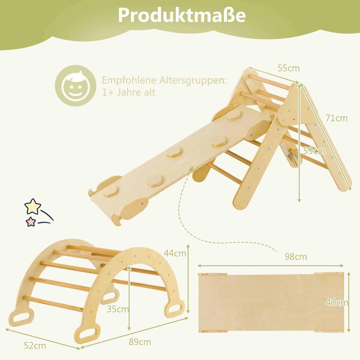 COSTWAY Kletterdreieck mit Rutsche, Kletterbogen, inkl. doppelseitige Rampe, zum Klettern, Rutschen und Wippen, 4 in 1 Klettergerüst Indoor ab 1 Jahr (Macaron bunt)