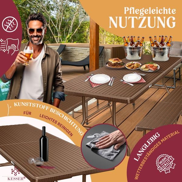 Kesser® Beer Tent Set – 3 Piece Set, Table + 2 x Bench, for Indoor / Outdoor, Folding, Carry Handles, HxWxD: 73 x 180 x 75 cm, Plastic, Rattan-Look Garden Set, Folding Table, Garden Table, Black