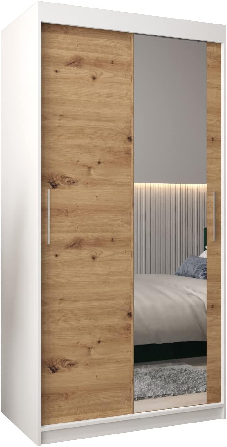 MEBLE KRYSPOL Kleiderschrank mit Spiegel Tokyo 2 - Garderobenschrank - Schrank Schlafzimmer - Mehrzweckschrank DREI Schiebetüren - Regalen - Flur Möbel - Kleiderstange Schrank - Allzweckschrank