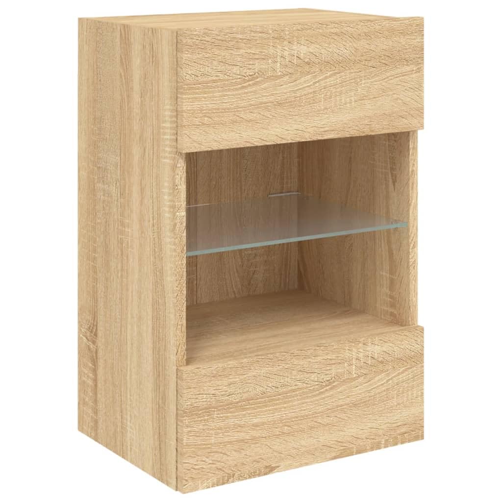 Homgoday TV Wall Cabinets with LED Lights, Pack of 2, Cabinet Wall TV Cabinet with Lots of Storage Space, Wall Mounted TV Furniture for Living Room, Bedroom, Grey, Sonoma