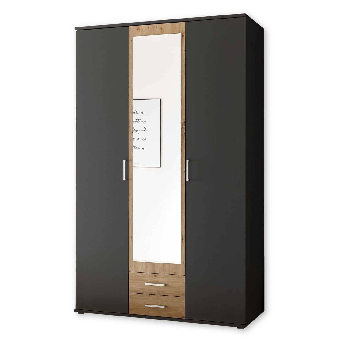 Stella Trading HANAU Wardrobe with Mirror Door in White, Graphite, Versatile Hinged Door Cupboard, 4 Doors for Your Bedroom, 160 x 196 x 54 cm (W x H x D)