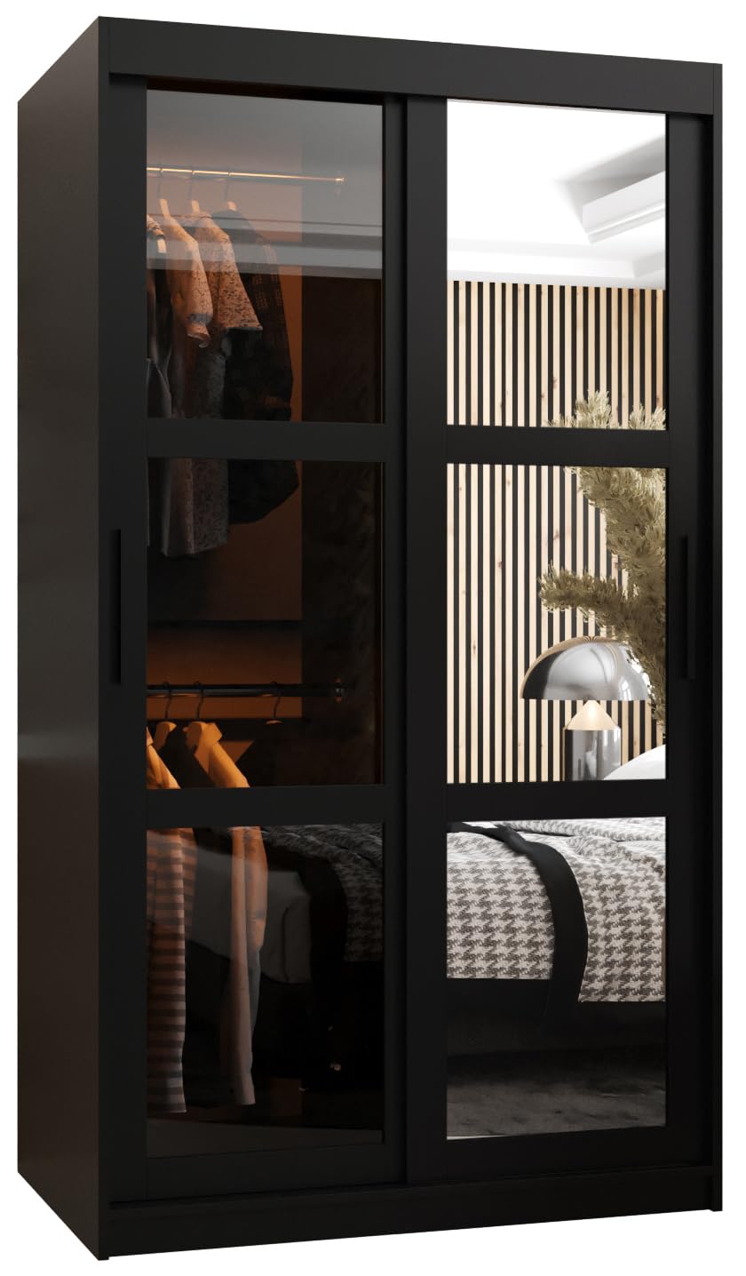 MEBLE KRYSPOL Dome 2 Schrank mit DREI Schiebetüren mit Spiegel, Stangen und Regalen - Aufbewahrungsschrank mit Rauchglas für Schlafzimmer, Wohnzimmer - 200x250x62cm - Schwarz, Schwarz, Schwarz