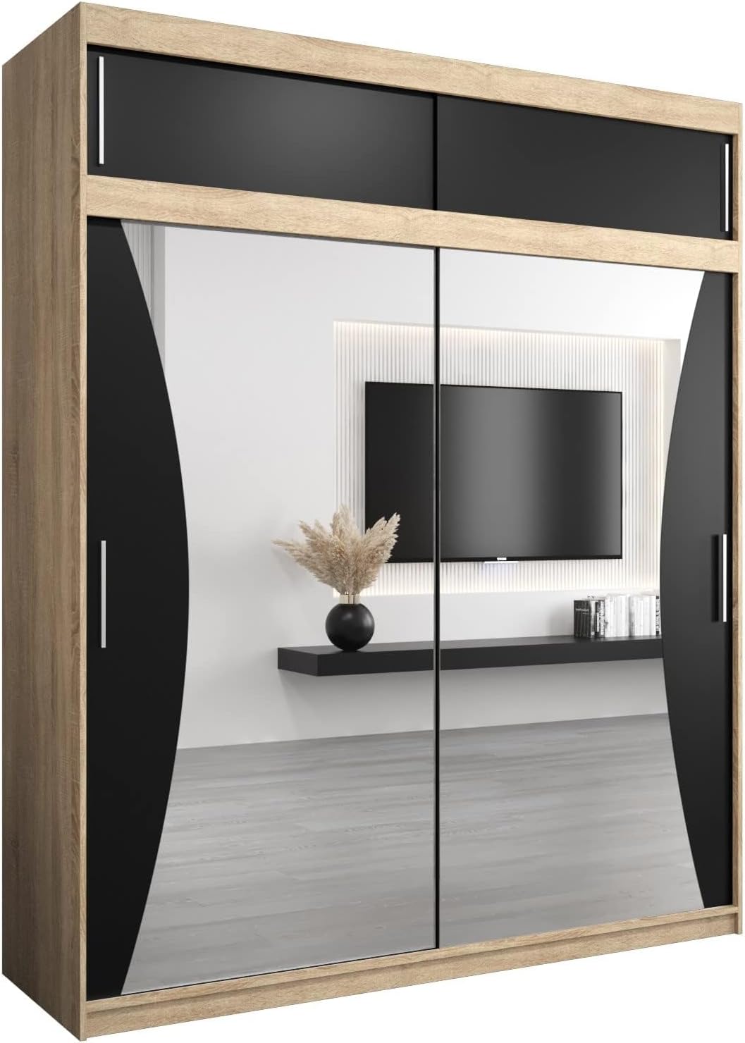 MEBLE KRYSPOL Kleiderschrank mit Spiegel Monaco - Garderobenschrank - Schrank Schlafzimmer - Mehrzweckschrank DREI Schiebetüren - Regalen - Flur Möbel - Kleiderstange Schrank - Allzweckschrank