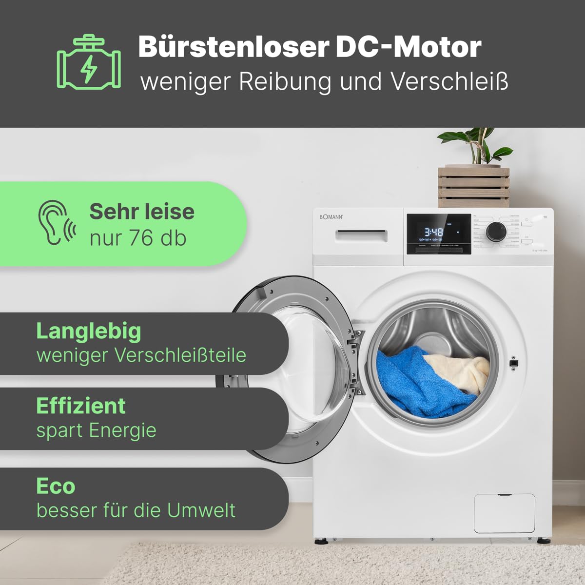 Bomann® Waschmaschine 10kg | max. 1400 U/min | 16 Programme | Bürstenloser DC-Motor: effizient, leise und langlebig | Endzeitvorwahl | Zulaufschlauch-Sicherheitssystem | Washing Machine | WA 7111