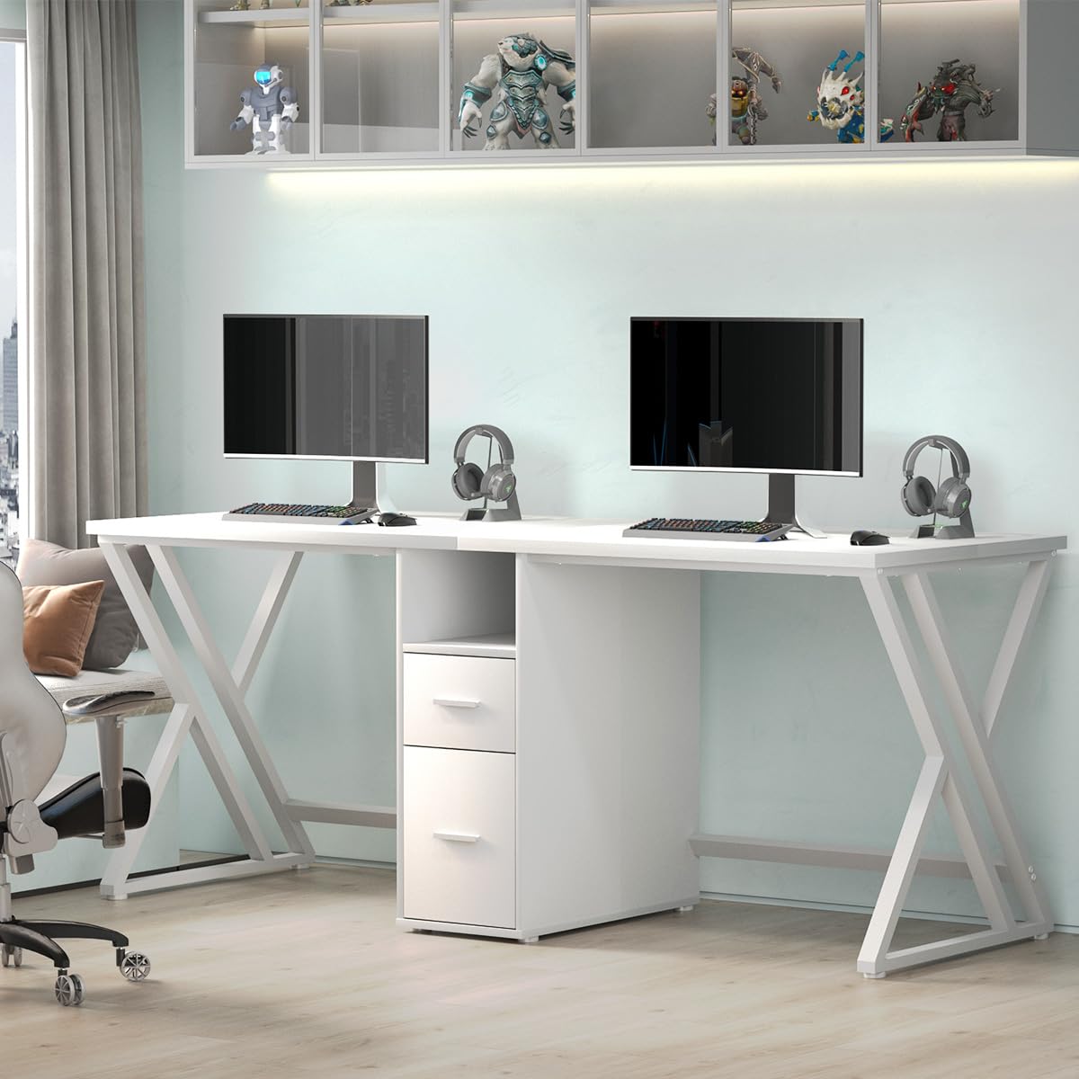 LVB Schwarz Large Double Industrial Computer-Schreibtisch mit Schubladen, Extra Lange Gaming-Tabelle mit Lagerung Schrank Regale, Holz-Metall-Computer-Schreibtisch