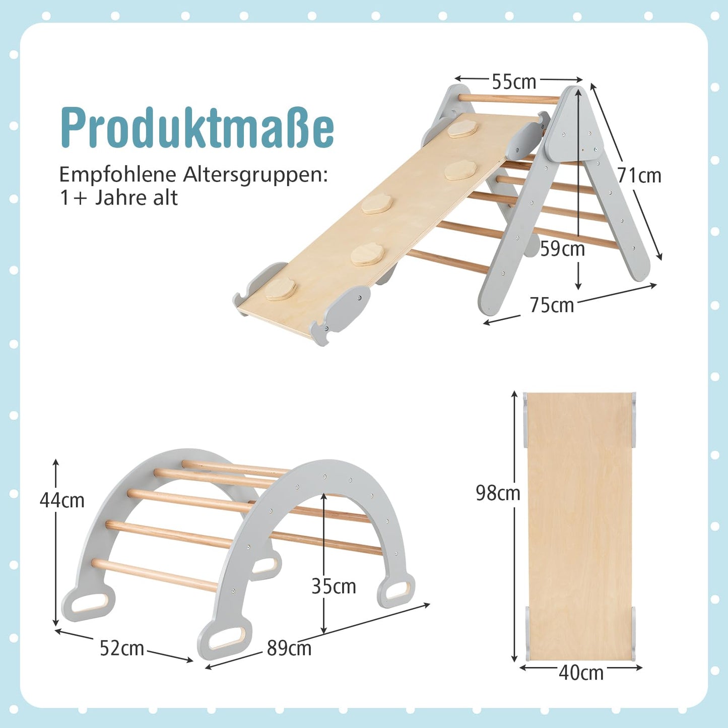 COSTWAY Kletterdreieck mit Rutsche, Kletterbogen, inkl. doppelseitige Rampe, zum Klettern, Rutschen und Wippen, 4 in 1 Klettergerüst Indoor ab 1 Jahr (Macaron bunt)