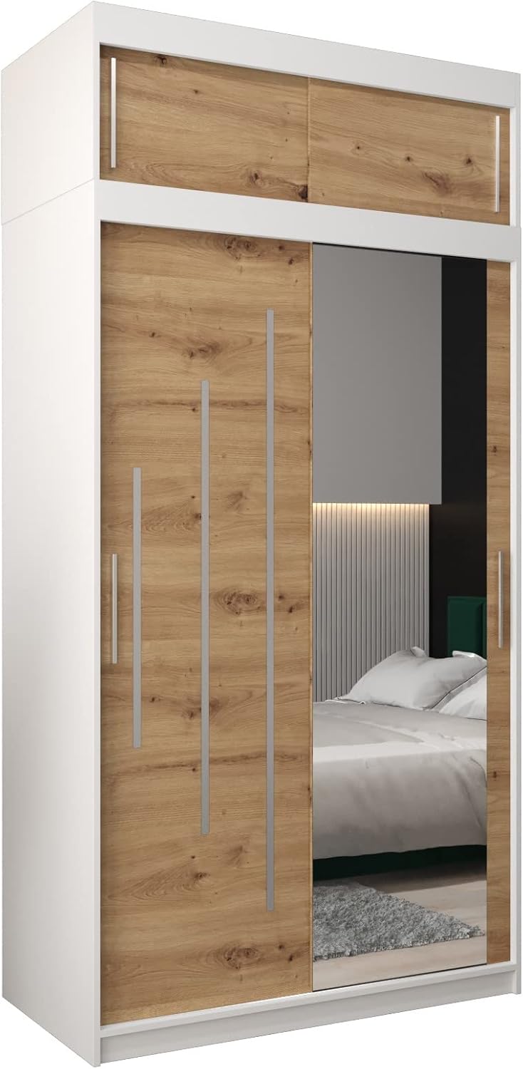 MEBLE KRYSPOL Kleiderschrank mit Spiegel York 2 - Garderobenschrank - Schrank Schlafzimmer - Mehrzweckschrank Zwei Schiebetüren - Regalen - Flur Möbel - Kleiderstange Schrank - Allzweckschrank