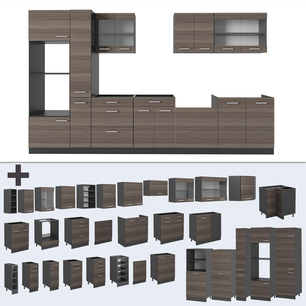 Vicco R-Line Fitted Kitchen Cabinets Anthracite Kitchen Furniture (Anthracite / White High Gloss, MUS 350 cm)