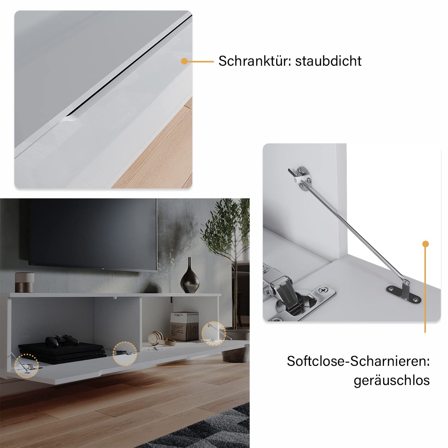 SONNI Modern TV Cabinet 180 cm, Lowboard High Gloss White with 16 Colours LED Lighting, Drawer, Open Glass Shelves, TV Stand for TVs up to 65 Inches, Living Room & Bedroom, 180 x 35 x 45 cm