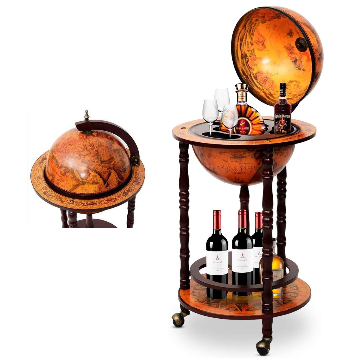 RELAX4LIFE Globe Bar on Wheels, Bar Trolley with World Globe, Bar Table Solid Wood, Serving Trolley with Wine Bottle Holder, Mobile Cocktail Bar, Antique Look, Decorative Mini Bar Serving Table