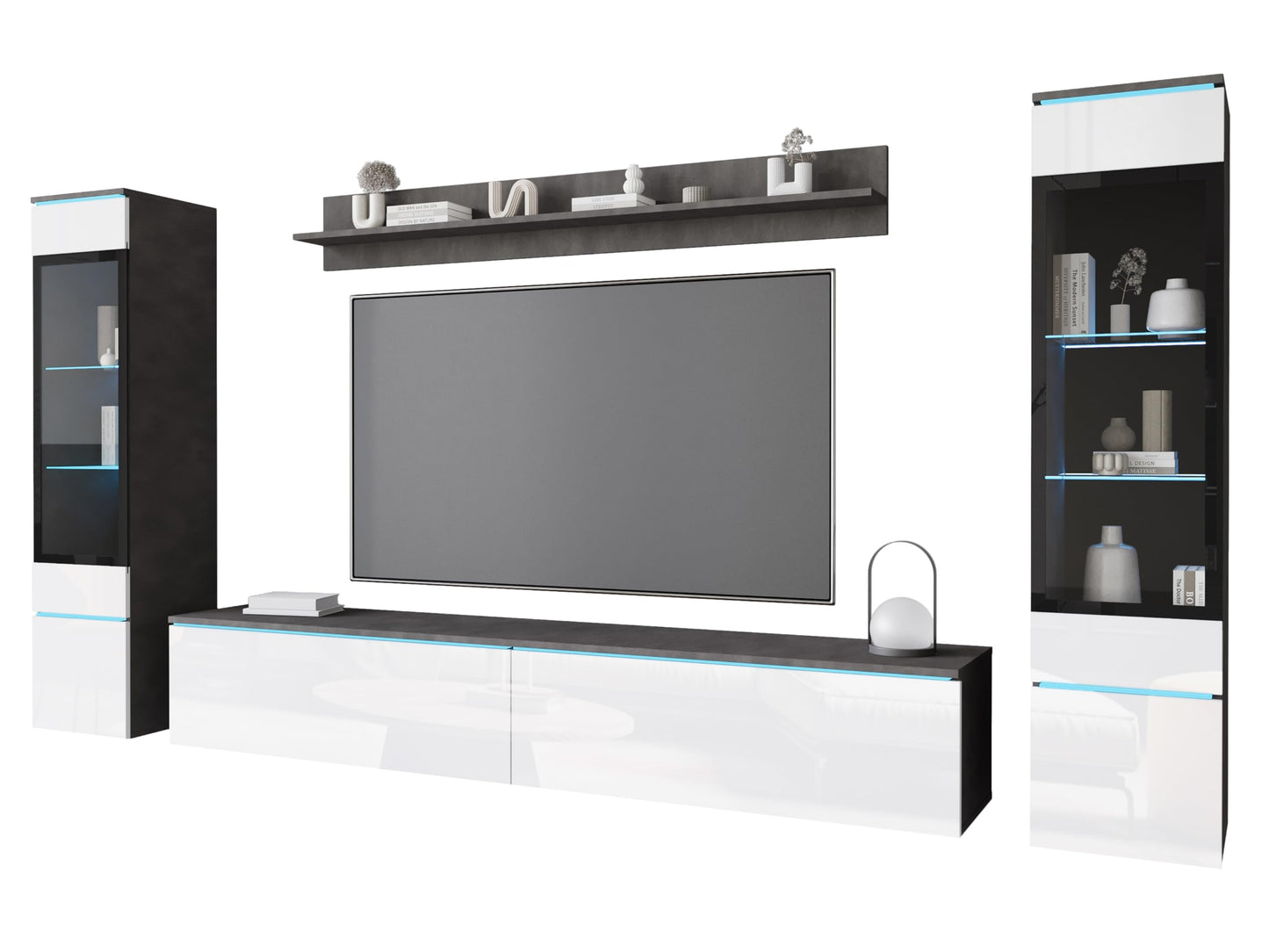 MINIO go for it Veve 2, 4-Piece Wall Unit Set, Hanging or Standing, 2 x Tall Cabinet Display Cabinets, Lowboard, Wall Board, Laminated Clamping Plate, Wotan Oak and Black Gloss, without Lighting
