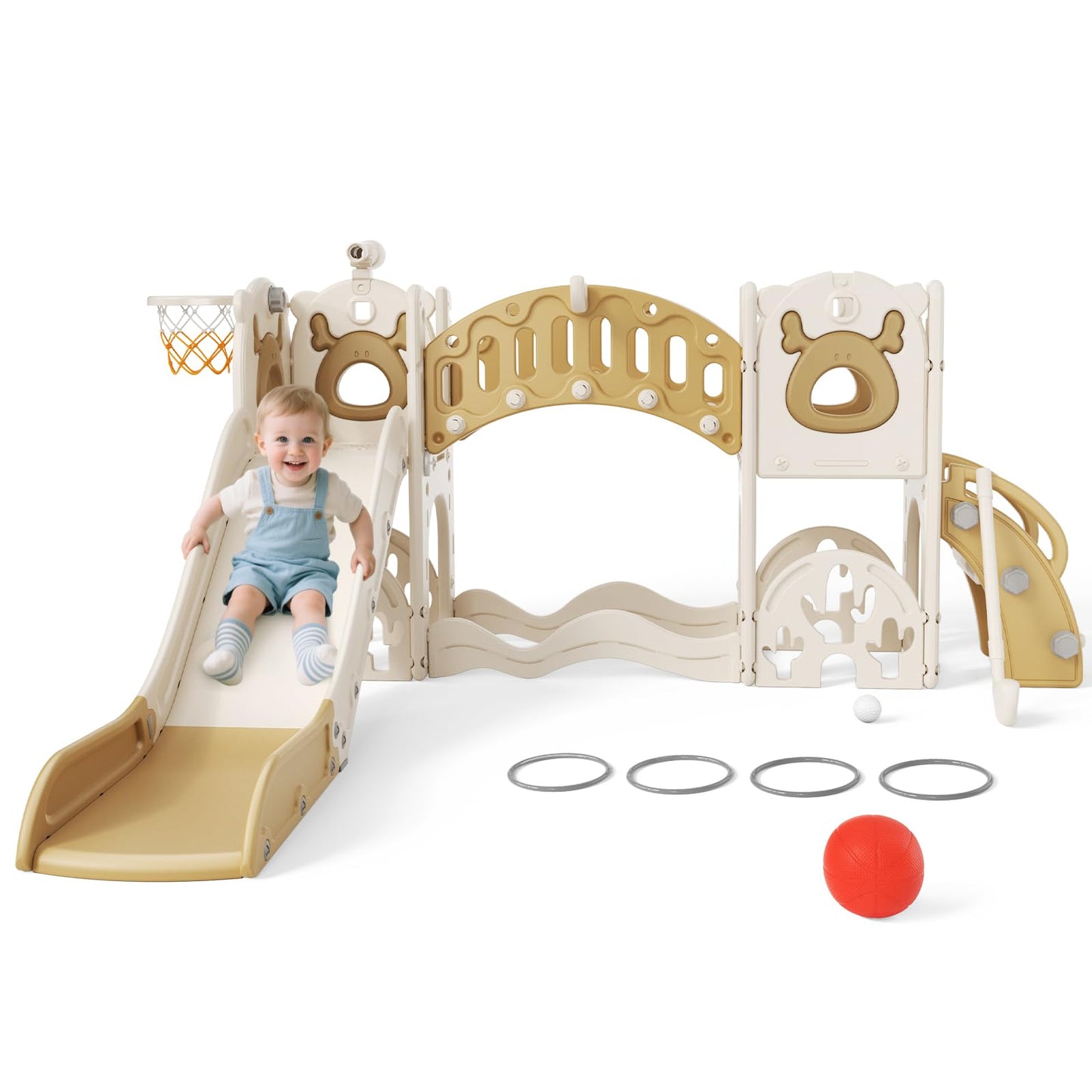 Krovtoy Kleinkindrutsche mit Weihnachtselch-Motiv, freistehende Kleinkindrutsche mit Golf-Set, Babyrutsche, Spielplatzgerät, für den Innen- und Außenbereich (Grau Beige - 6 in 1)