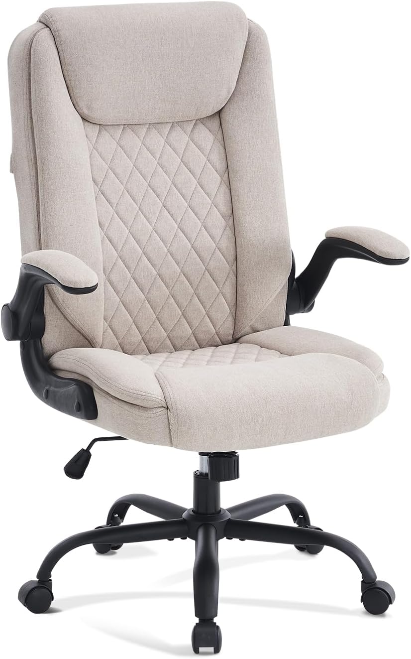 CASTLOVE Bürostuhl Ergonomisch Schreibtischstuhl Chefsessel Mit Gepolsterten Armlehnen Klappbar, H?henverstellung, Wippfunktion und Kopfstütze Bequem für Home-Office Bürostuhl 150kg Beige Stoff