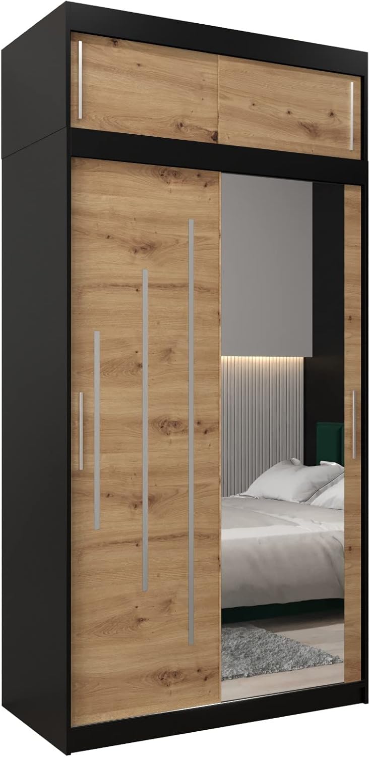 MEBLE KRYSPOL Kleiderschrank mit Spiegel York 2 - Garderobenschrank - Schrank Schlafzimmer - Mehrzweckschrank Zwei Schiebetüren - Regalen - Flur Möbel - Kleiderstange Schrank - Allzweckschrank
