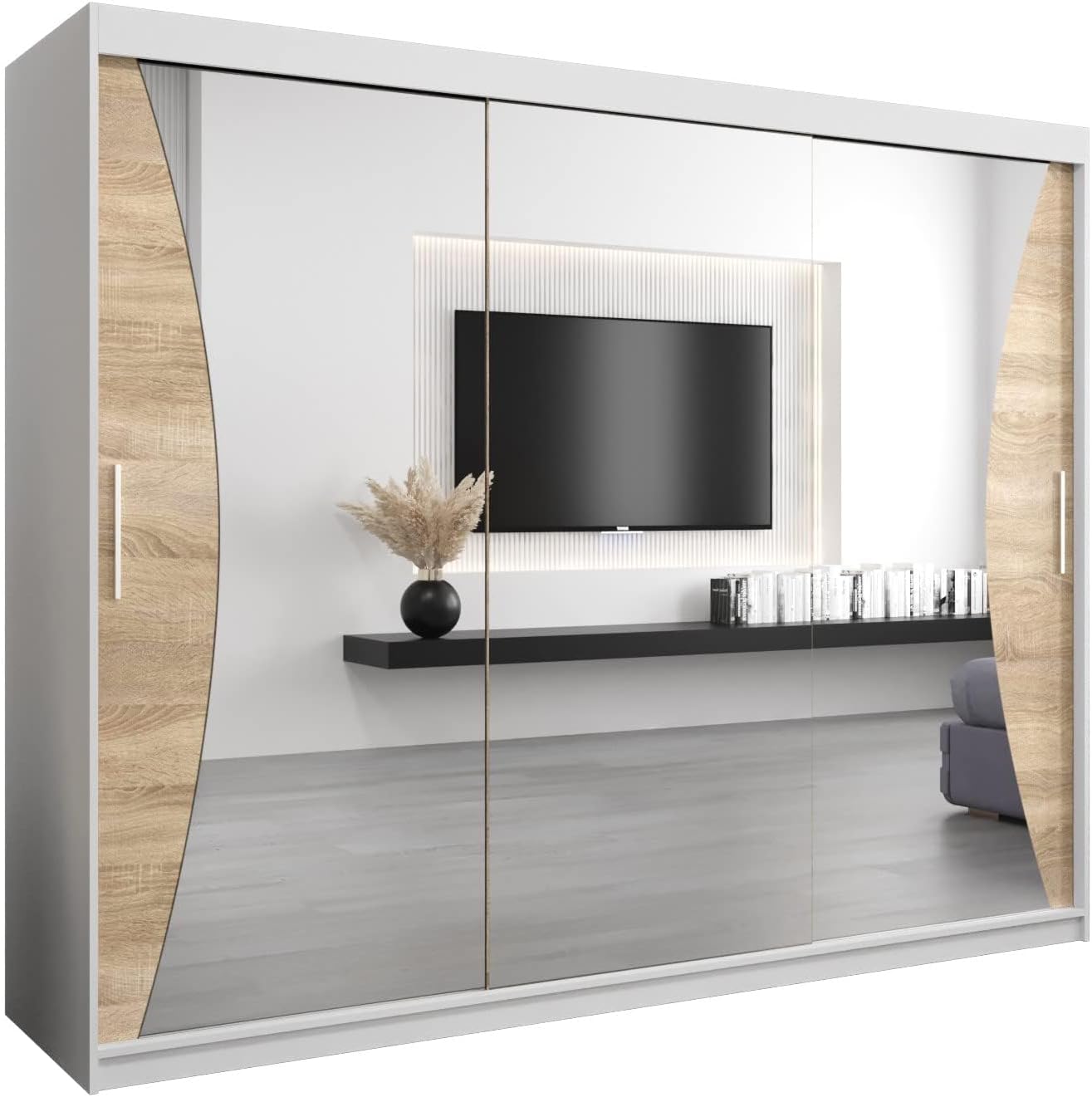 MEBLE KRYSPOL Kleiderschrank mit Spiegel Monaco - Garderobenschrank - Schrank Schlafzimmer - Mehrzweckschrank DREI Schiebetüren - Regalen - Flur Möbel - Kleiderstange Schrank - Allzweckschrank