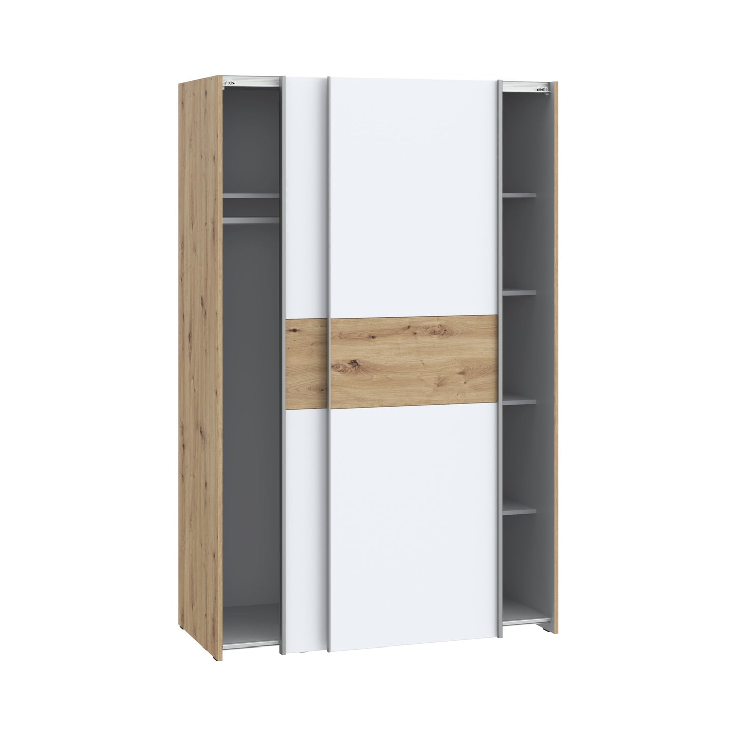 FORTE OZZULA Wardrobe 120, Wardrobe, Sliding Door Wardrobe, Bedroom Wardrobe, Scandinavian 2 Door Shelves, Clothes Rail, White/Artisan Oak, 120 cm Wide x 190.5 cm High x 61 cm Deep