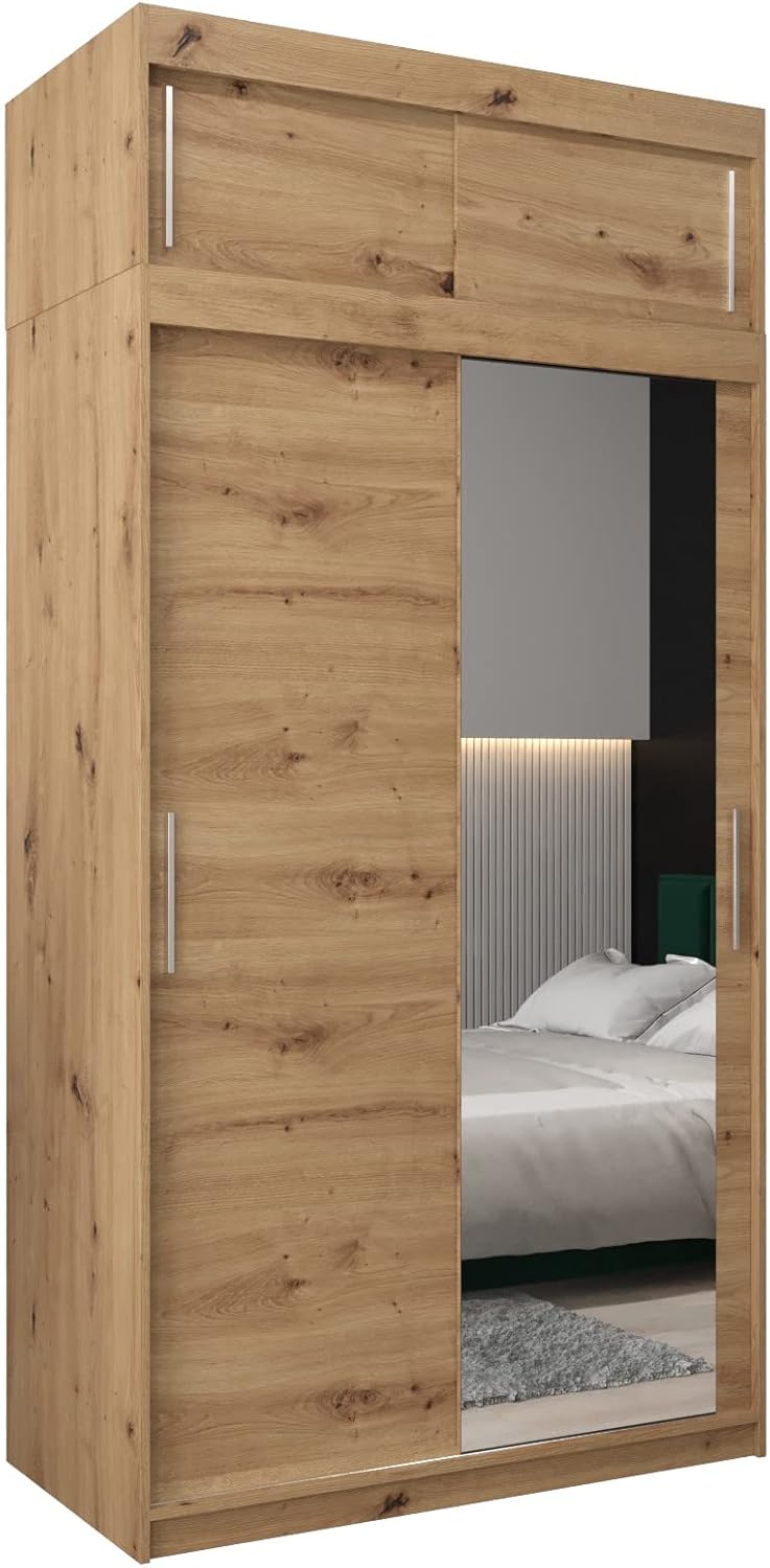 MEBLE KRYSPOL Kleiderschrank mit Spiegel Tokyo 2 - Garderobenschrank - Schrank Schlafzimmer - Mehrzweckschrank DREI Schiebetüren - Regalen - Flur Möbel - Kleiderstange Schrank - Allzweckschrank