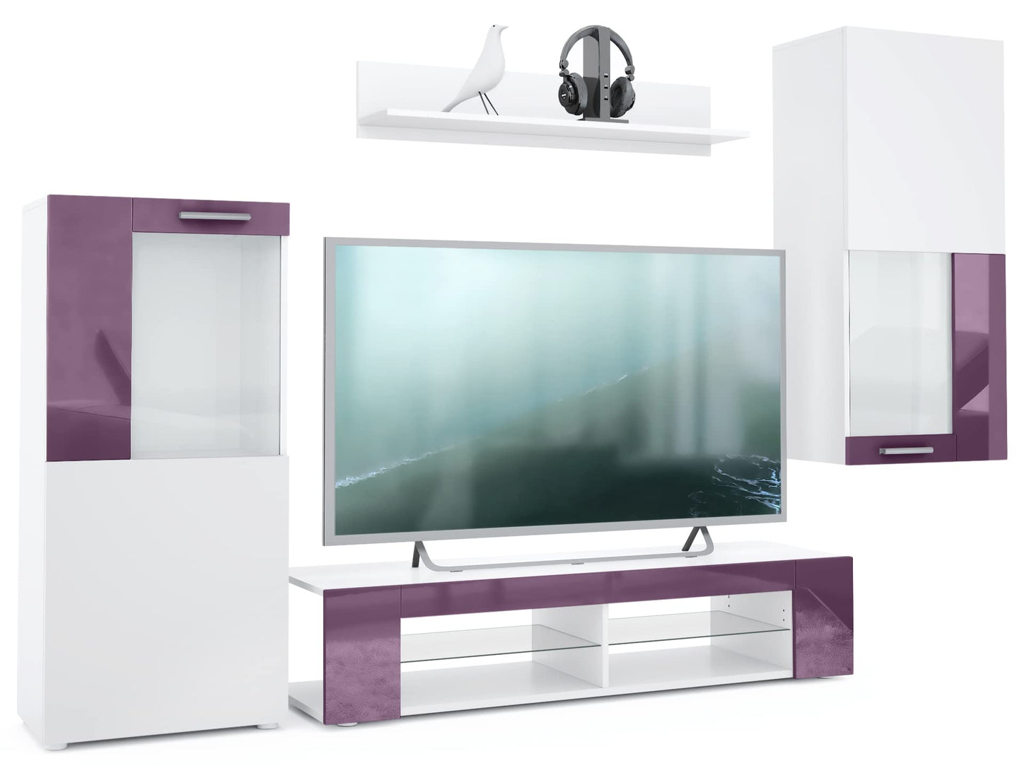 Vladon Wohnwand Movie, Anbauwand bestehend aus 1 TV-Board, 2 Vitrinen und 1 Regal, Weiß matt/Weiß matt/Weiß Hochglanz (Gesamt: 300 x 190 x 39 cm)