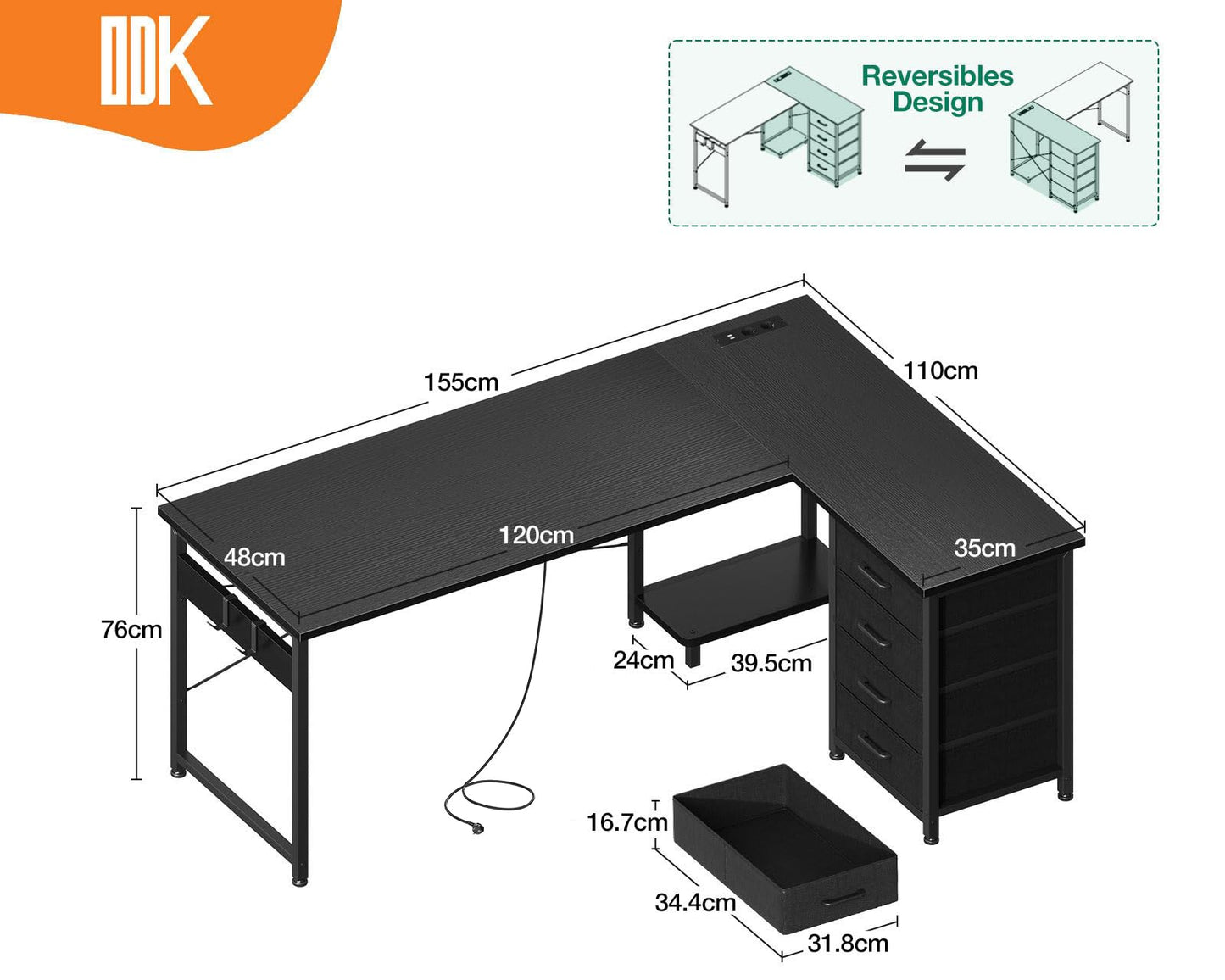 ODK Corner Desk with 4 Drawers, 135 x 100 cm, L Shape Desk with Socket and USB Charging Port, Reversible Desk with Storage Space for Home Office and Gaming, Black