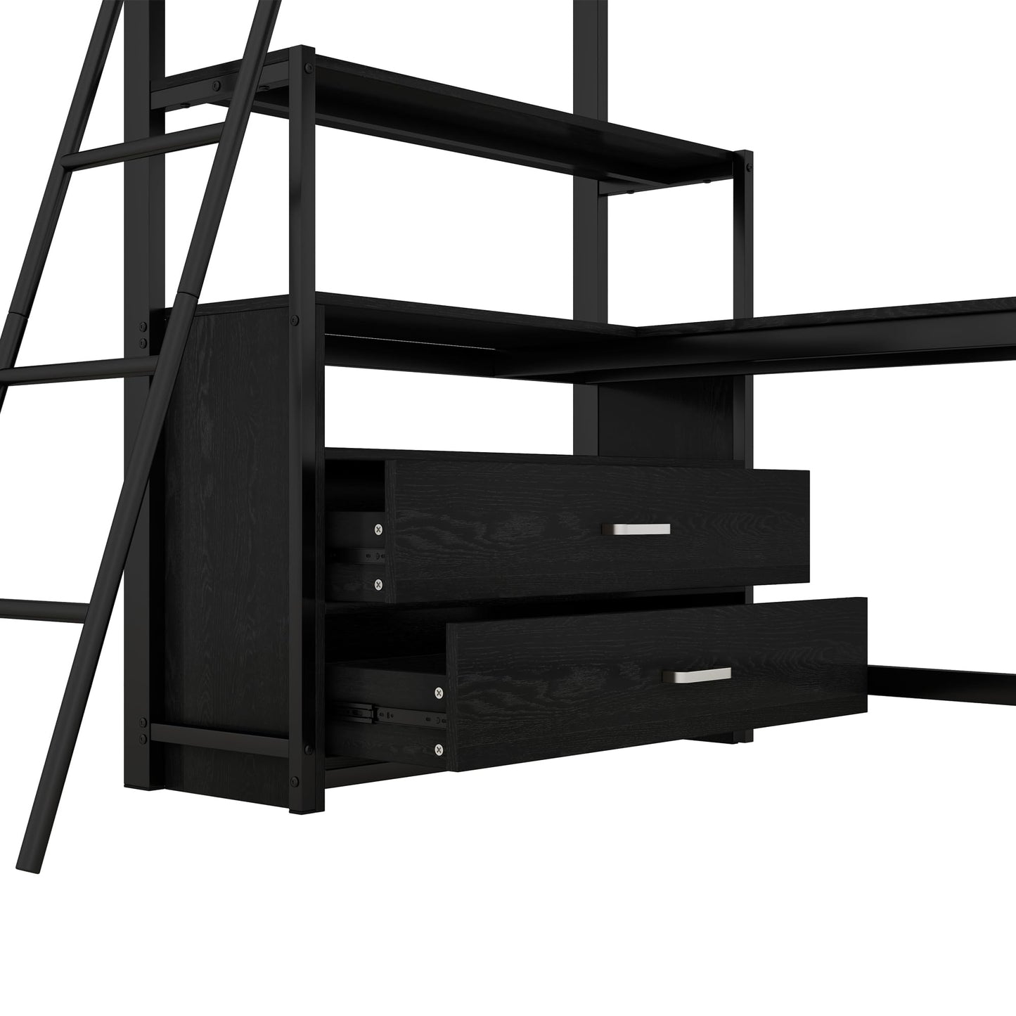 Merax Kinderbett Hochbett 90x200 cm Metallbett mit L-förmigem Schreibtisch, 2 Schubladen und Regal, Bettgestell mit Lattenrost (ohne Matratze) für Kinder/Erwachsene, Schwarz