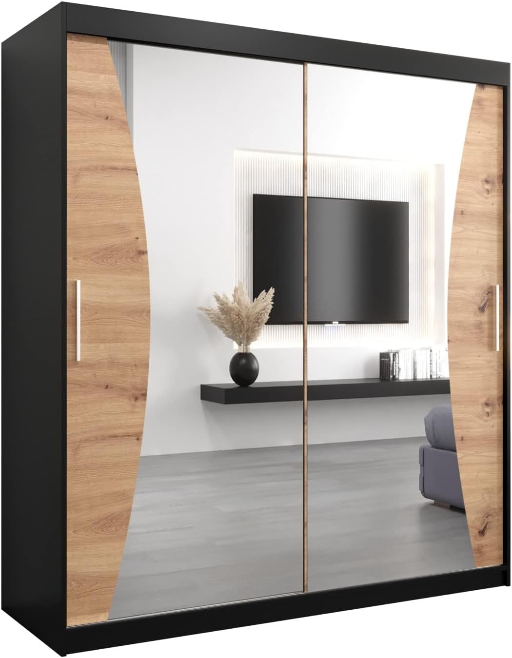 MEBLE KRYSPOL Kleiderschrank mit Spiegel Monaco - Garderobenschrank - Schrank Schlafzimmer - Mehrzweckschrank DREI Schiebetüren - Regalen - Flur Möbel - Kleiderstange Schrank - Allzweckschrank