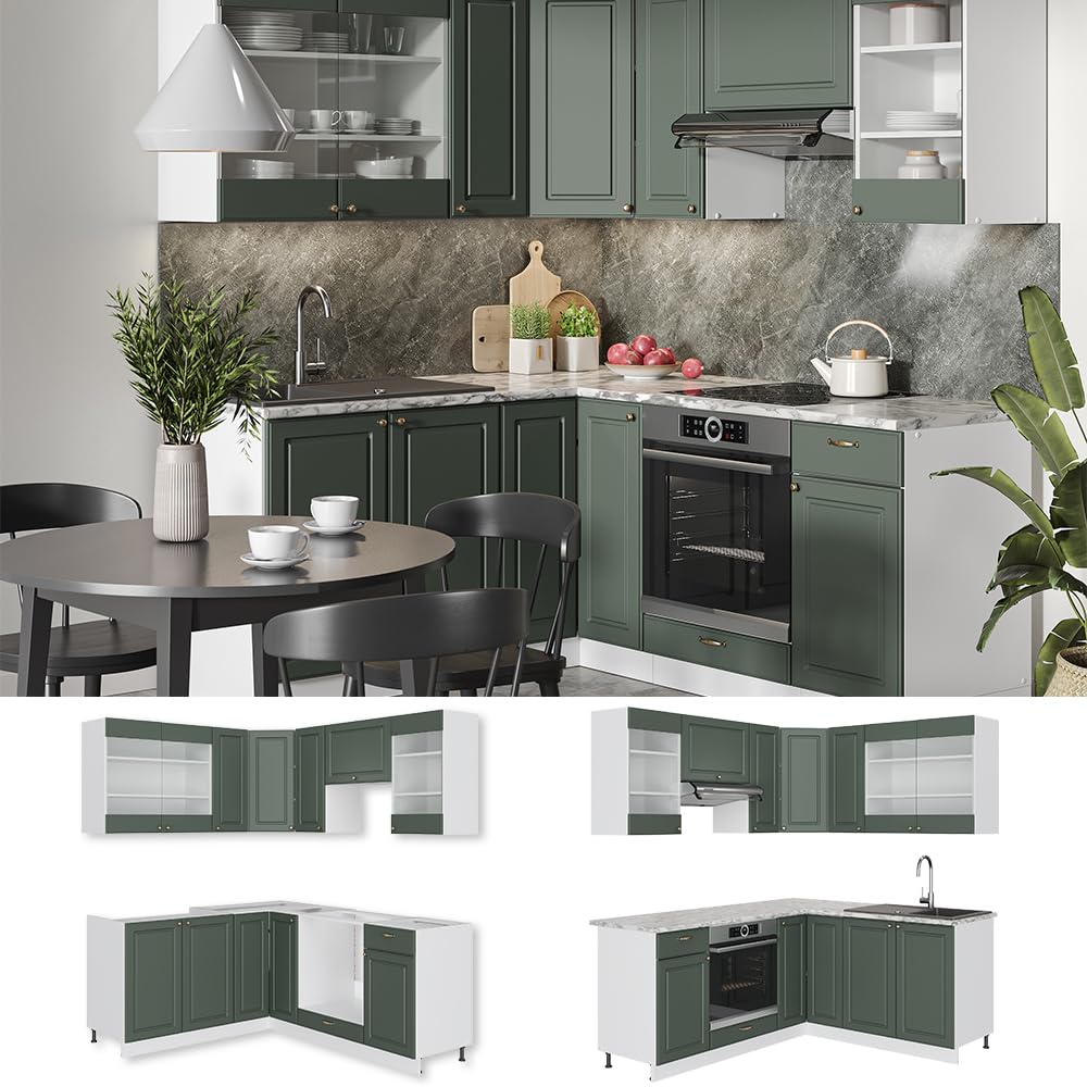 Vicco Eckküche Fame-Line, Grün-Gold Landhaus/Weiß/Weiß, 160 x 190 cm ohne Arbeitsplatte