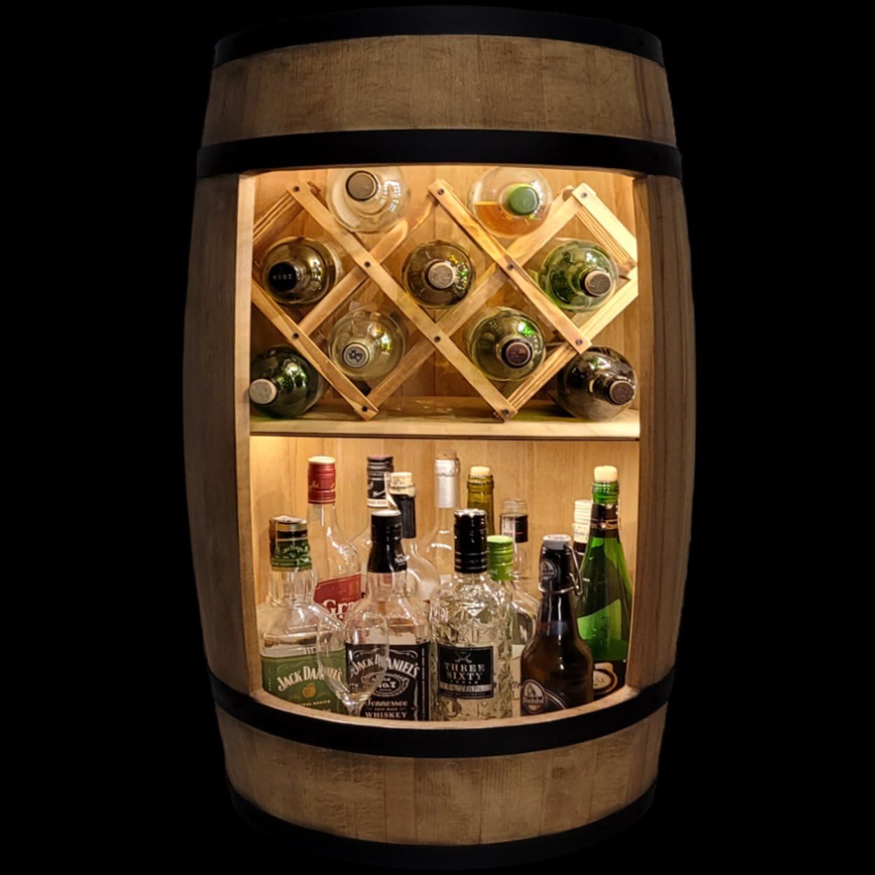 Barrel Bar with LED Lighting and Wine Holder Wine Rack - Wooden Barrel Home Bar 80 cm Rustic Decorative Bar Cabinet Wine Stand - Barrel Beer Wine Bottle Stand - Bar Whisky Gift (Dark Brown)