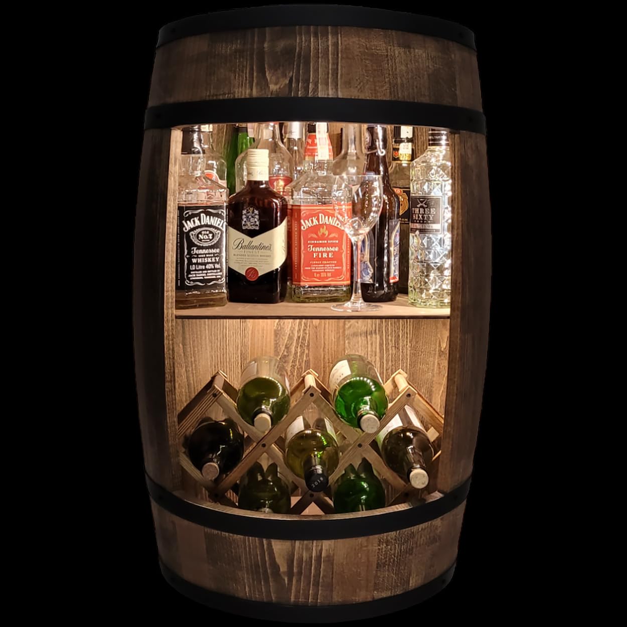 Barrel Bar with LED Lighting and Wine Holder Wine Rack - Wooden Barrel Home Bar 80 cm Rustic Decorative Bar Cabinet Wine Stand - Barrel Beer Wine Bottle Stand - Bar Whisky Gift (Dark Brown)