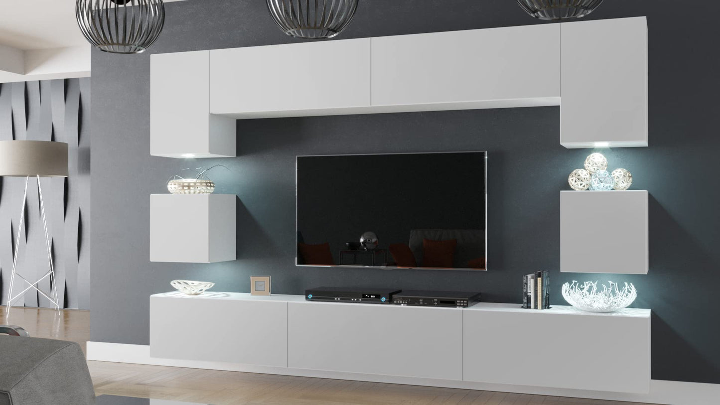 Furnitech Wohnwand Wohnzimmer Möbel (Schwarz) mit LED RGB - 16 Farben - Hängend Wohnzimmerwand Modern - Schrankwand mit Regale und TV Schrank (Nowara AN1-17B-HG20 1C)