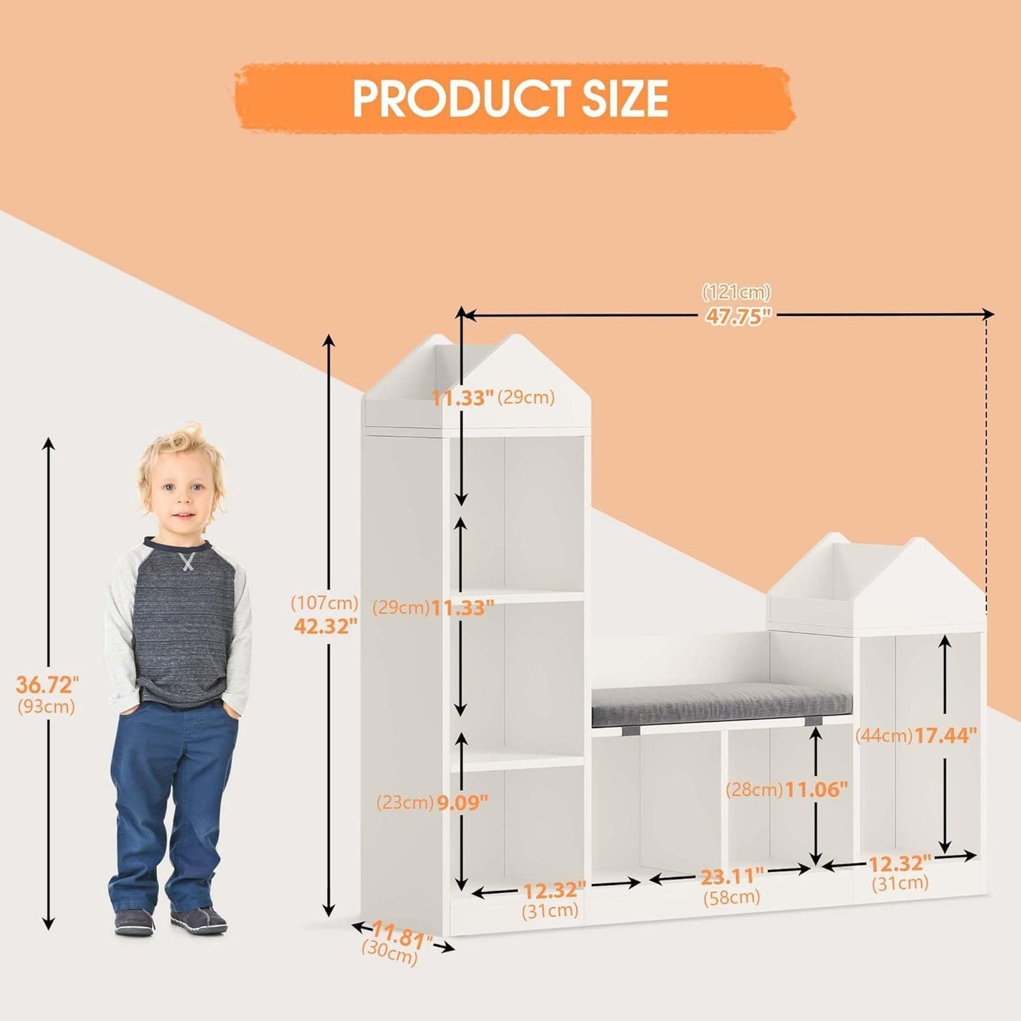 Garvee Kinder Bücherregal mit Lese Breite Kinder Bücherregal 6-Cubby Spielzeug Aufbewahrung Organizer Sitzkissen Holz Aufbewahrungsbank Spielhaus Schrank Kinderzimmer, Spielzimmer Weiß 121x30x107cm