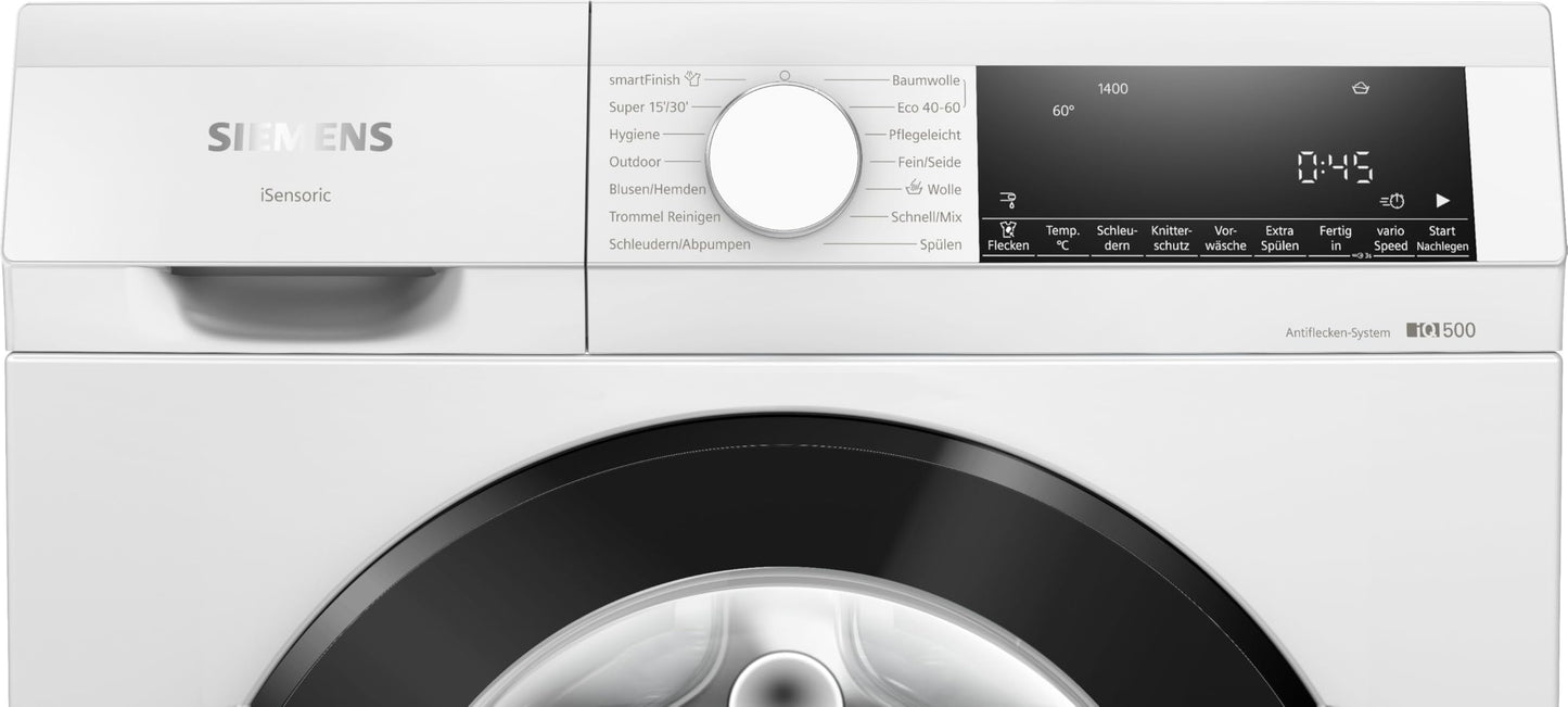 Siemens WM14N12A Waschmaschine iQ300, Frontlader mit 9kg Fassungsvermögen, 1400 UpM, speedPack L, smartFinish, Outdoor-Programm, LED-Display, Weiß, 60cm