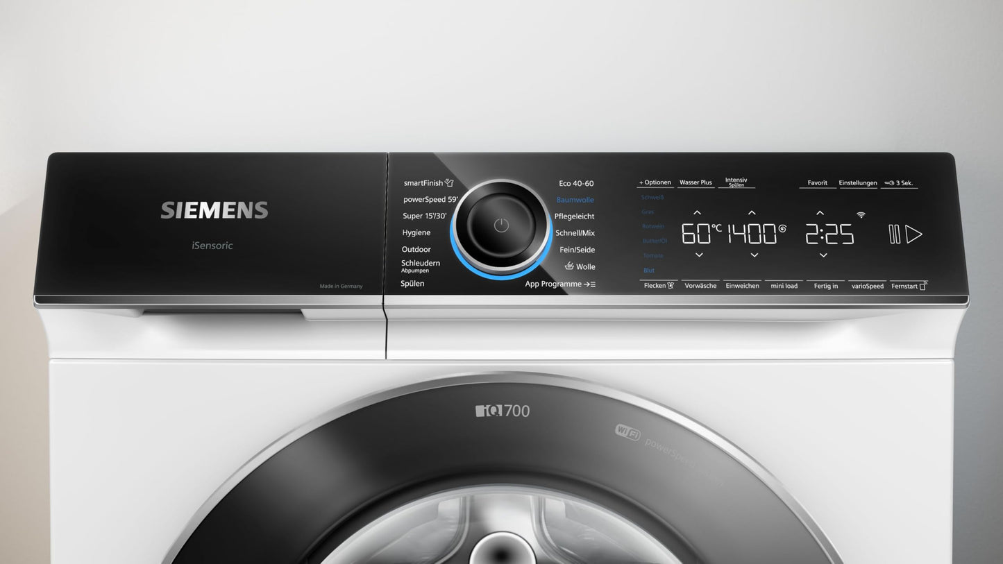 Siemens WM14N12A Waschmaschine iQ300, Frontlader mit 9kg Fassungsvermögen, 1400 UpM, speedPack L, smartFinish, Outdoor-Programm, LED-Display, Weiß, 60cm