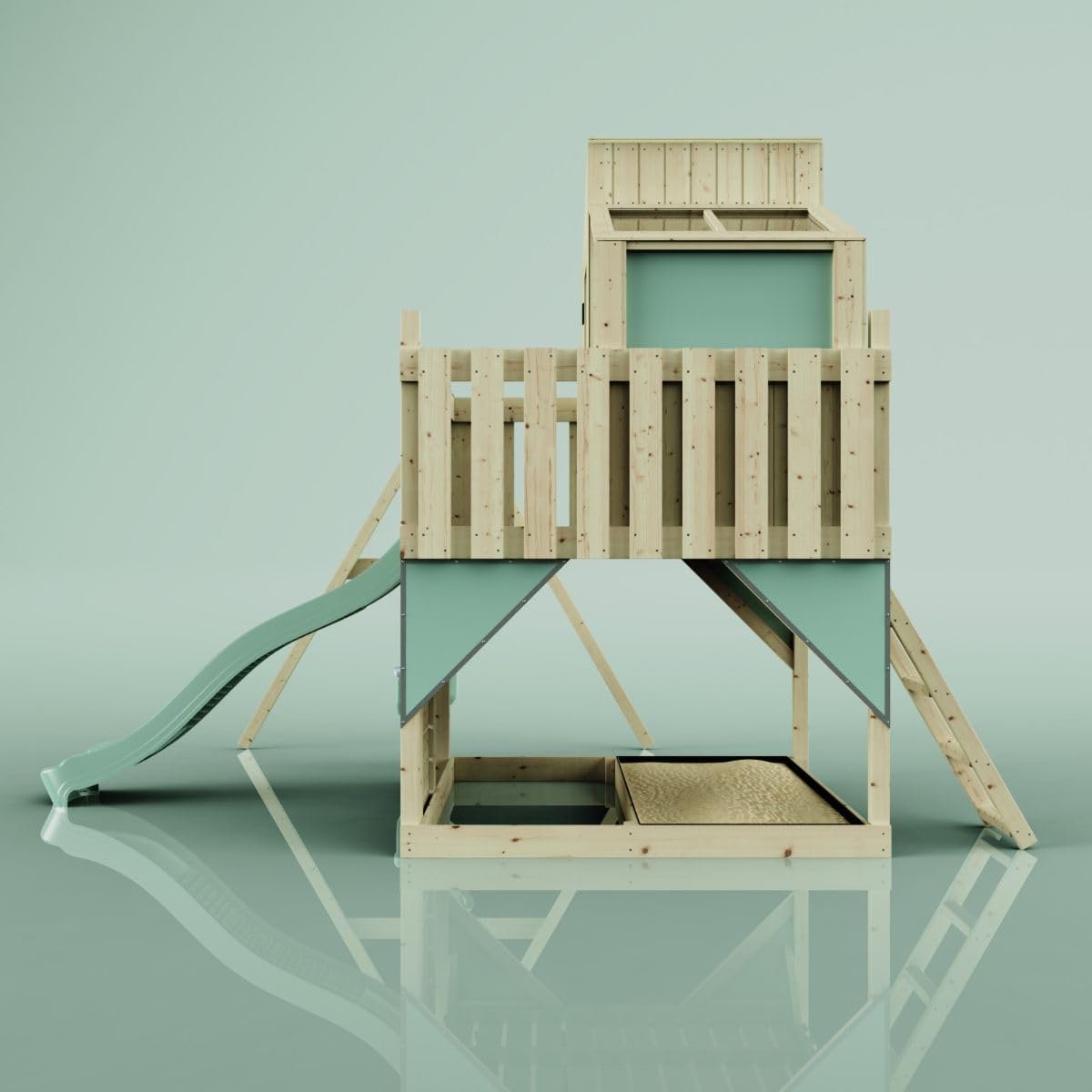 Rebo Spielturm mit Spielhaus inkl. Wellenrutsche und Kinder-Schaukel | Outdoor Klettergerüst Garten | Kletterwand und Kletterleiter | Stabile Konstruktion, Weiches Gefühl in den Seilen