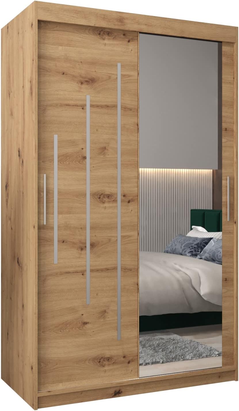 MEBLE KRYSPOL Kleiderschrank mit Spiegel York 2 - Garderobenschrank - Schrank Schlafzimmer - Mehrzweckschrank Zwei Schiebetüren - Regalen - Flur Möbel - Kleiderstange Schrank - Allzweckschrank