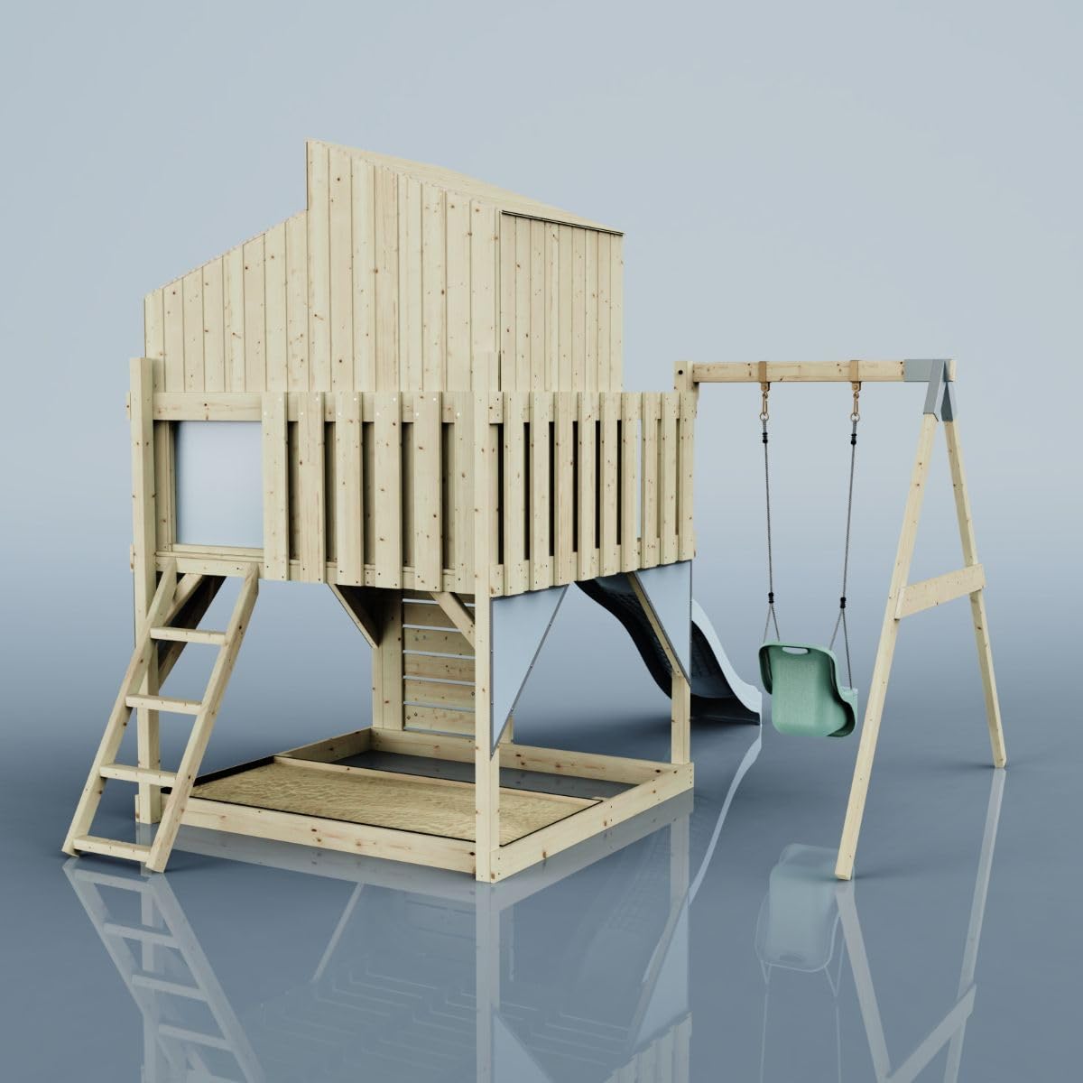 Rebo Spielturm mit Spielhaus inkl. Wellenrutsche und Kinder-Schaukel | Outdoor Klettergerüst Garten | Kletterwand und Kletterleiter | Stabile Konstruktion, Weiches Gefühl in den Seilen