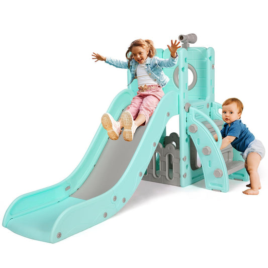 Kinderrutsche, für 1-3 Jahre, Indoor & Outdoor Rutsche ab 1 Jahre, Freistehende Rutsche mit Stauraum & Spielteleskope, Gartenrutsche, Kinder Spielplatz, mit 2PCS Moduls, Grün Grau