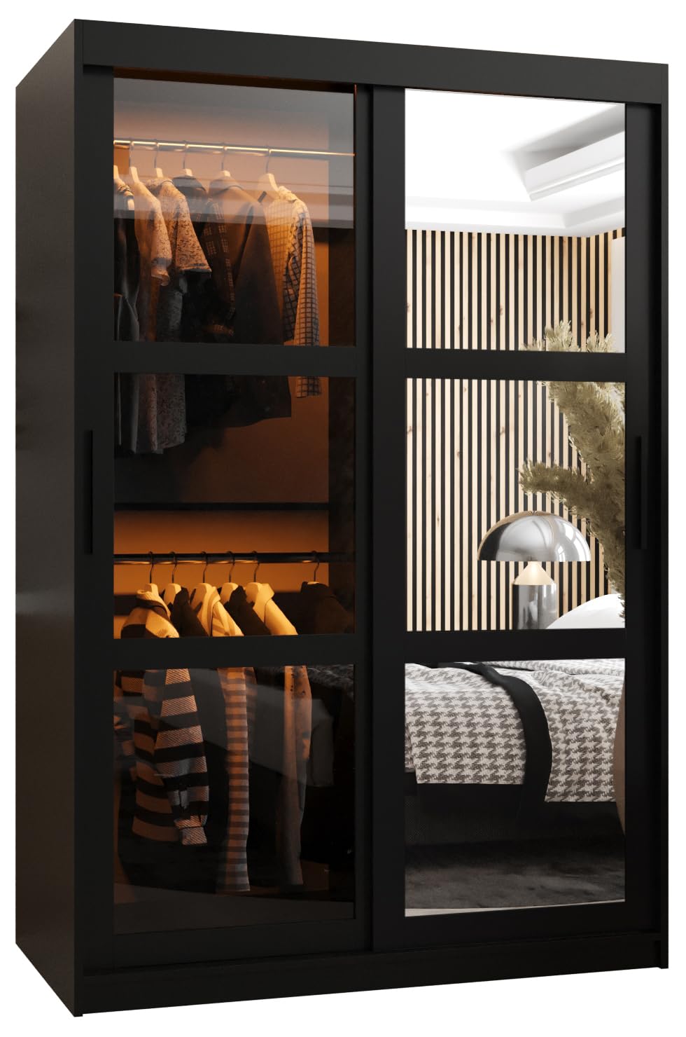 MEBLE KRYSPOL Dome 2 Schrank mit DREI Schiebetüren mit Spiegel, Stangen und Regalen - Aufbewahrungsschrank mit Rauchglas für Schlafzimmer, Wohnzimmer - 200x250x62cm - Schwarz, Schwarz, Schwarz
