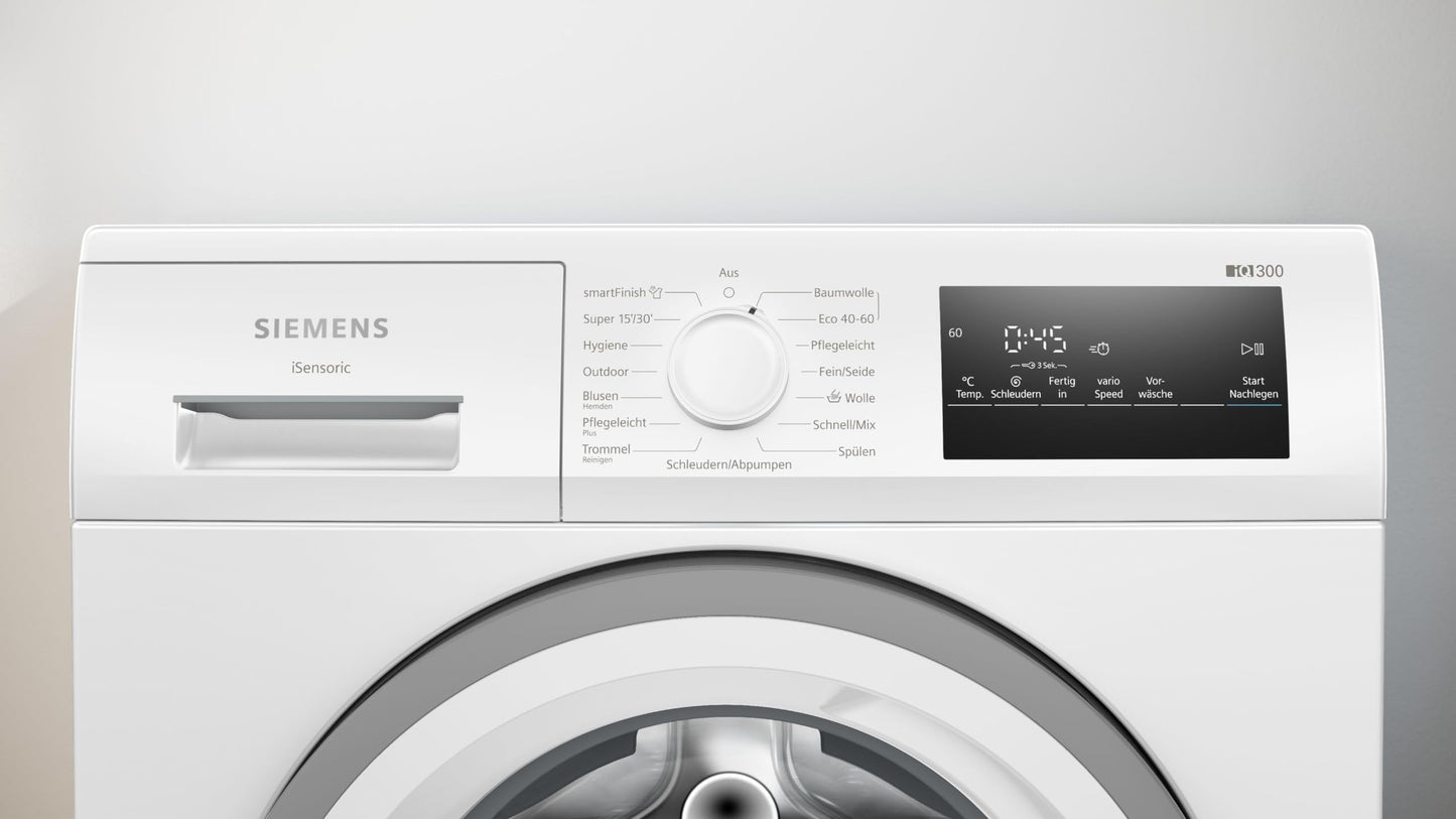 Siemens WM14N12A Waschmaschine iQ300, Frontlader mit 9kg Fassungsvermögen, 1400 UpM, speedPack L, smartFinish, Outdoor-Programm, LED-Display, Weiß, 60cm