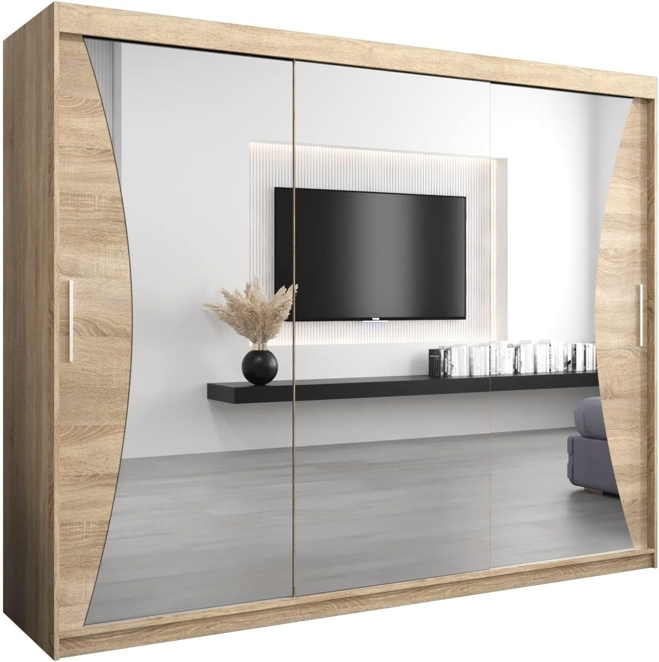 MEBLE KRYSPOL Kleiderschrank mit Spiegel Monaco - Garderobenschrank - Schrank Schlafzimmer - Mehrzweckschrank DREI Schiebetüren - Regalen - Flur Möbel - Kleiderstange Schrank - Allzweckschrank