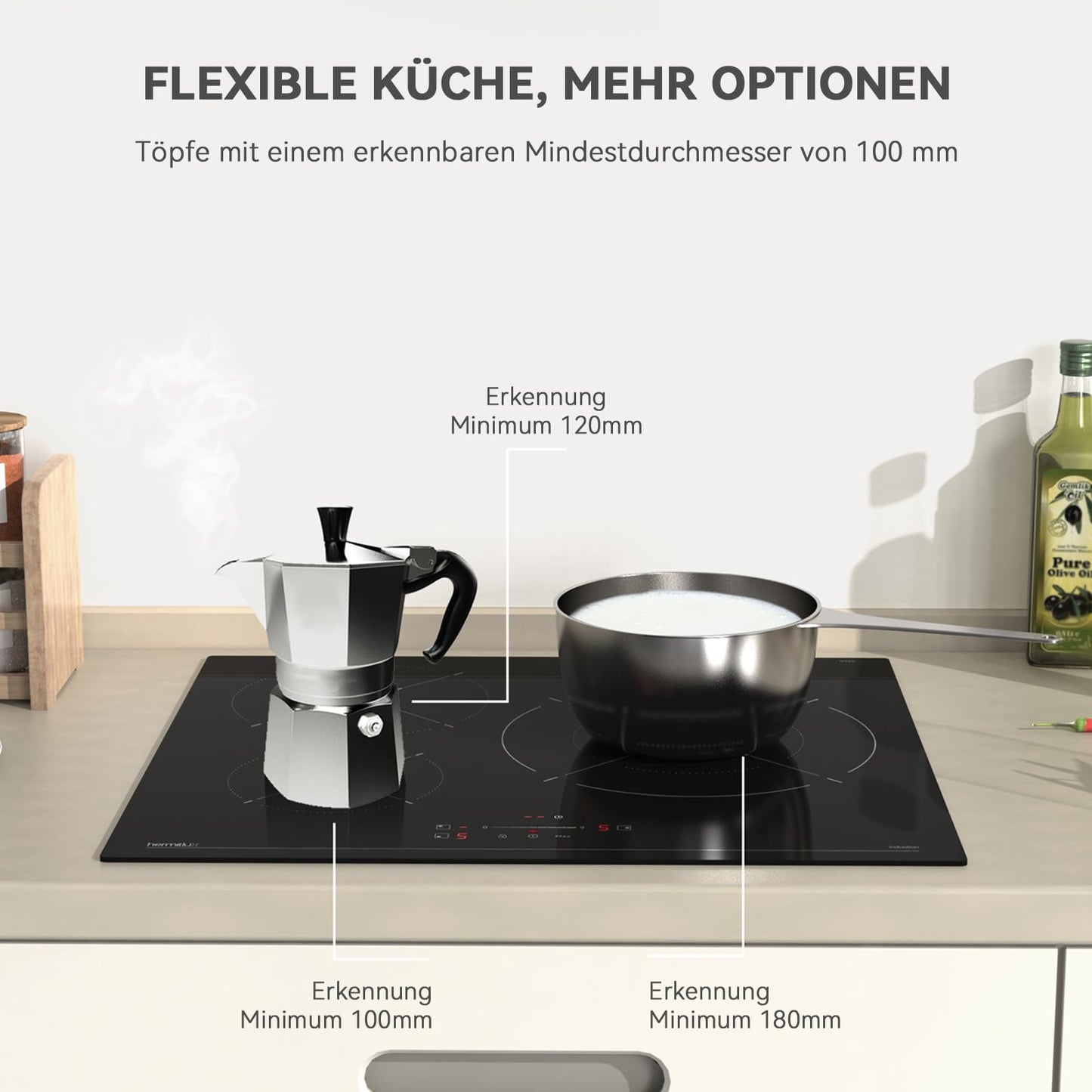 Hermitlux kochfeld 28,8cm, Glaskeramik Kochfeld 2 Platten, 9 Leistungsstufen, Touch-Steuerung, Timer, Kindersicherung, Geeignet für Alle Töpfe, 3300W