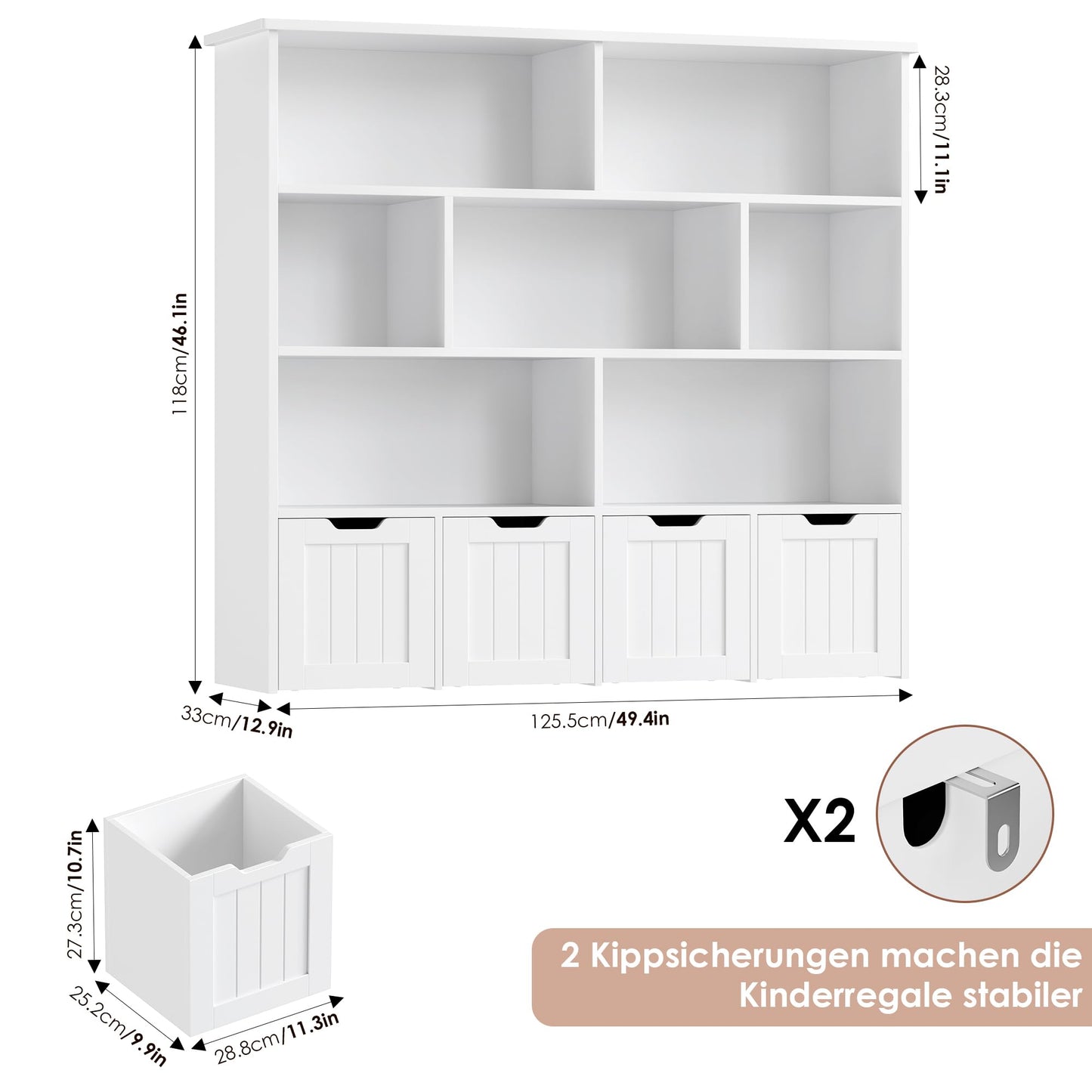FOREHILL Children's Shelf with Boxes on Wheels, Children's Bookcase with 4 Levels, Children's Room Furniture, Toy Regulator, Storage Shelf, Bookcase for Children, Children's Cabinet, Shelf, White,