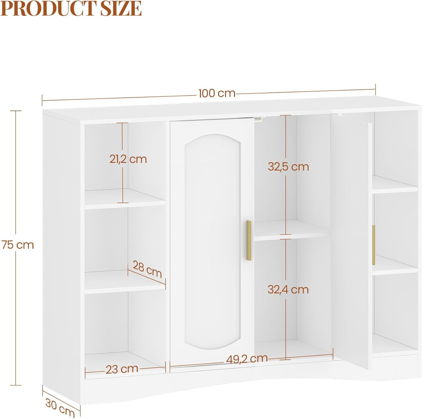 HEXCELEN Bathroom Cabinet, Storage Cabinet with 2 Doors, Side Cabinet, Kitchen Cabinet with Open Compartment, Adjustable Shelf, Bathroom Cabinet, for Bathroom, Living Room, Kitchen, White, 30 × 100 ×