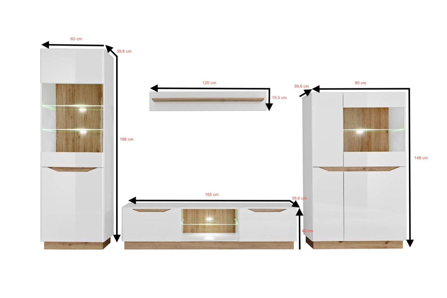Generisch Fame Living Room Set Living Room Wall Shelf TV Wall Matt High Gloss Showcase Cabinet Lowboard Wall Shelf with LED (White/Artisan Oak)