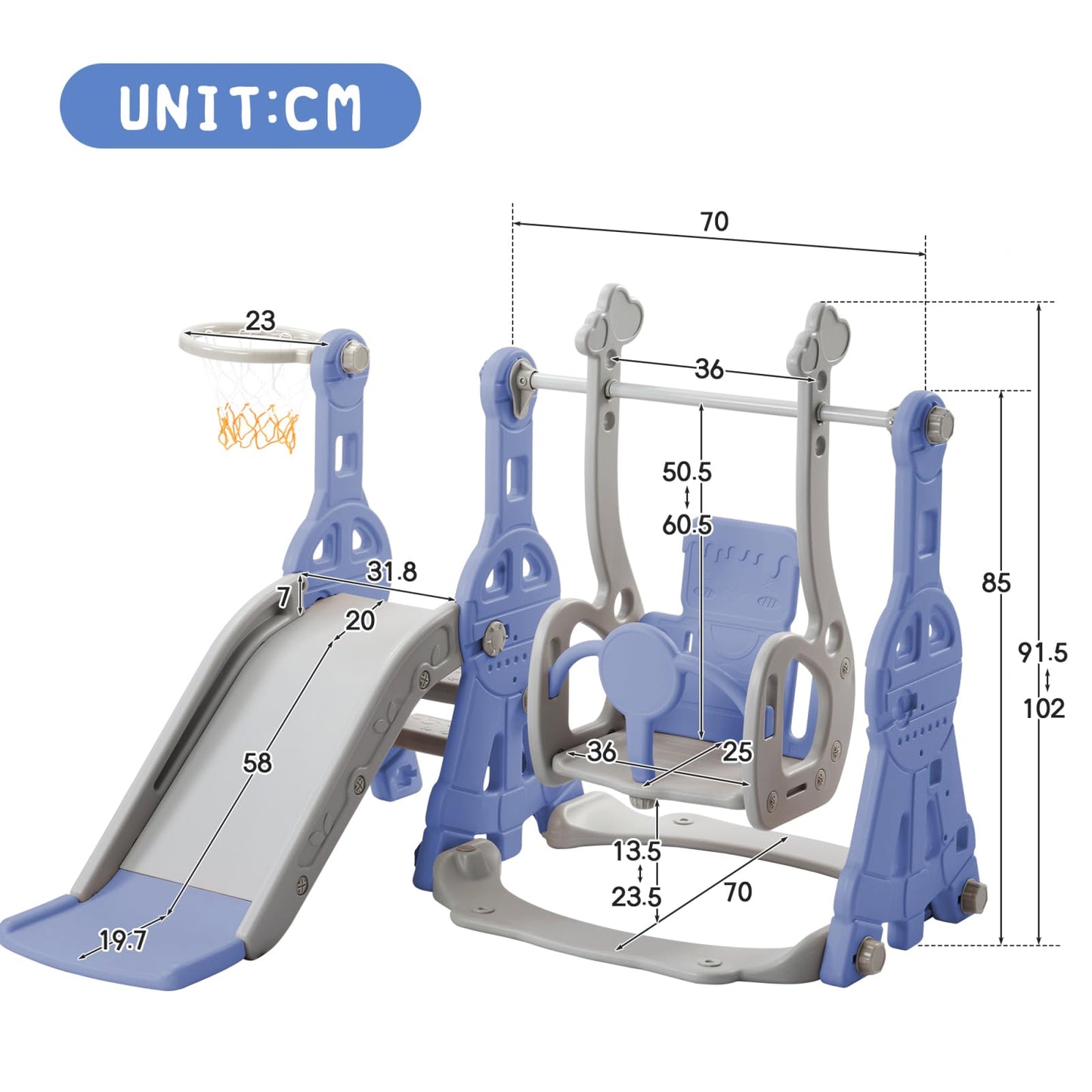 Kinderrutsche, Babyschaukel, 4 in 1, mit Schaukeln, Treppen, Gleiten, Basketballgestellen, Spielplatz für drinnen und draußen, multifunktionale Rutsche (Rosa, Kaninchen)