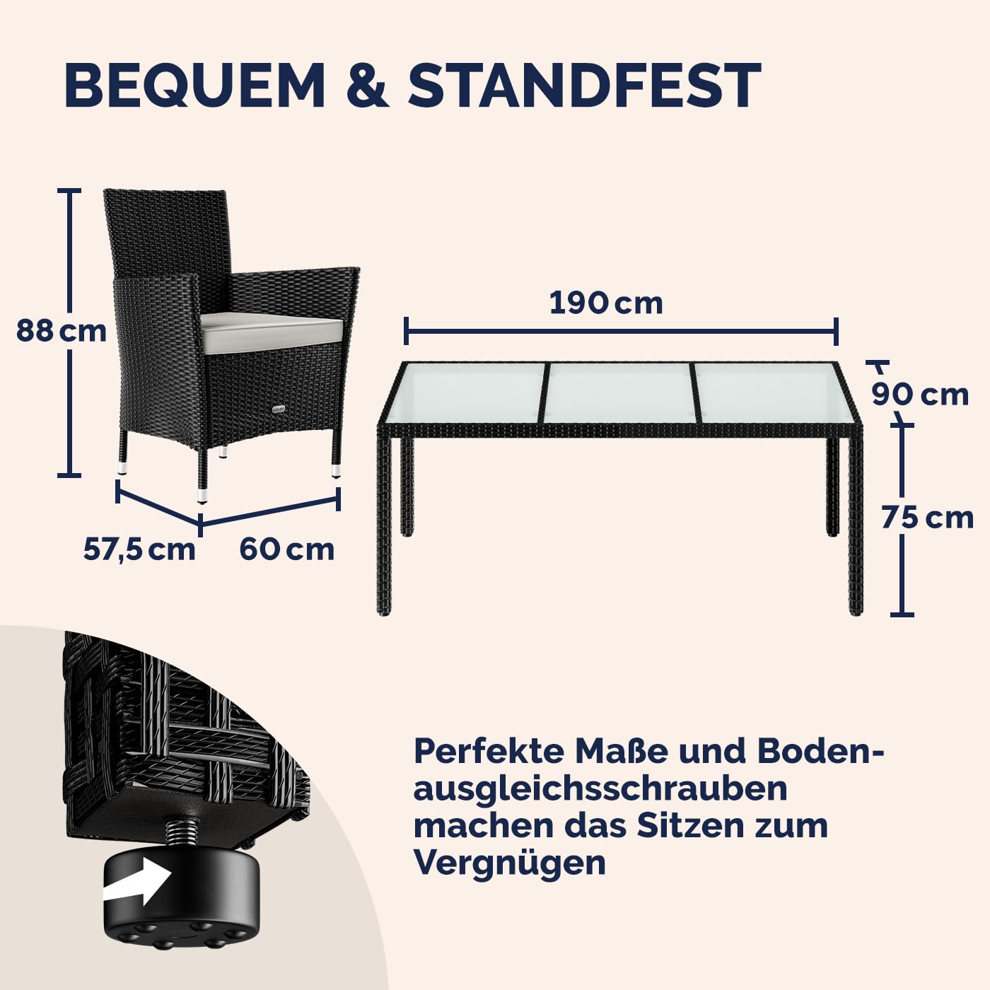 Casaria® Gartenmöbel Set 8 Personen Stühle inkl. 7cm Polster & Abdeckung Tisch 190x90cm 160kg Belastbar Wetterfest Polyrattan Stapelbar Terrasse Möbel Grau