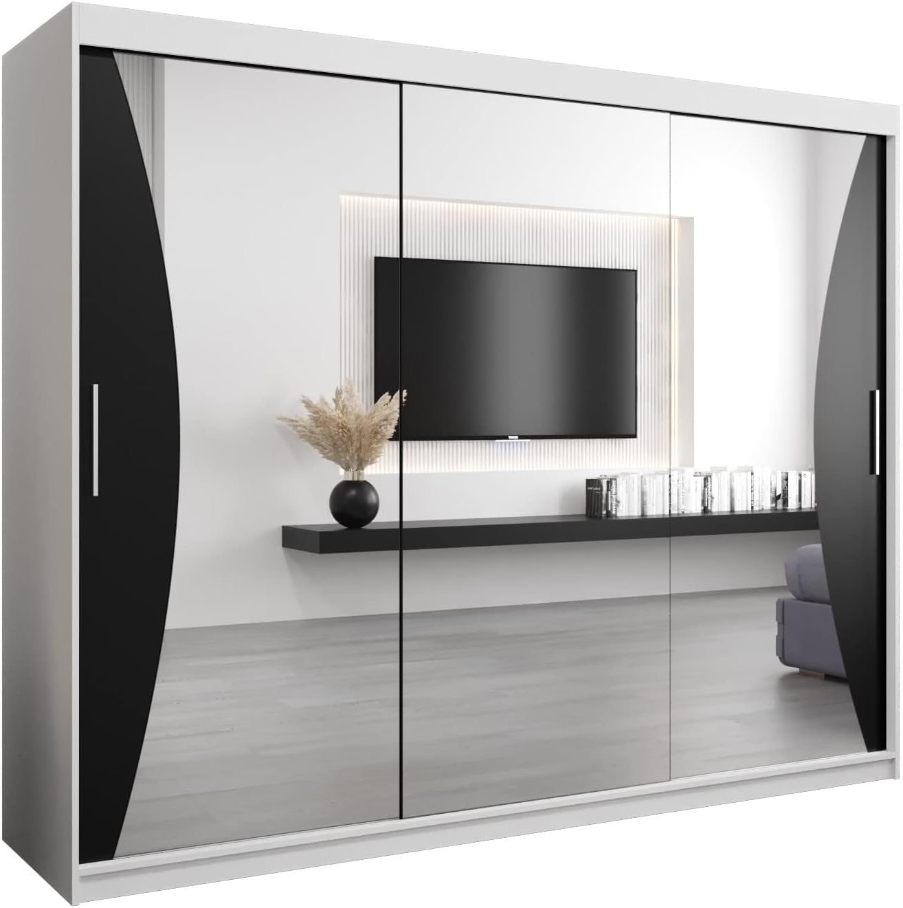 MEBLE KRYSPOL Kleiderschrank mit Spiegel Monaco - Garderobenschrank - Schrank Schlafzimmer - Mehrzweckschrank DREI Schiebetüren - Regalen - Flur Möbel - Kleiderstange Schrank - Allzweckschrank