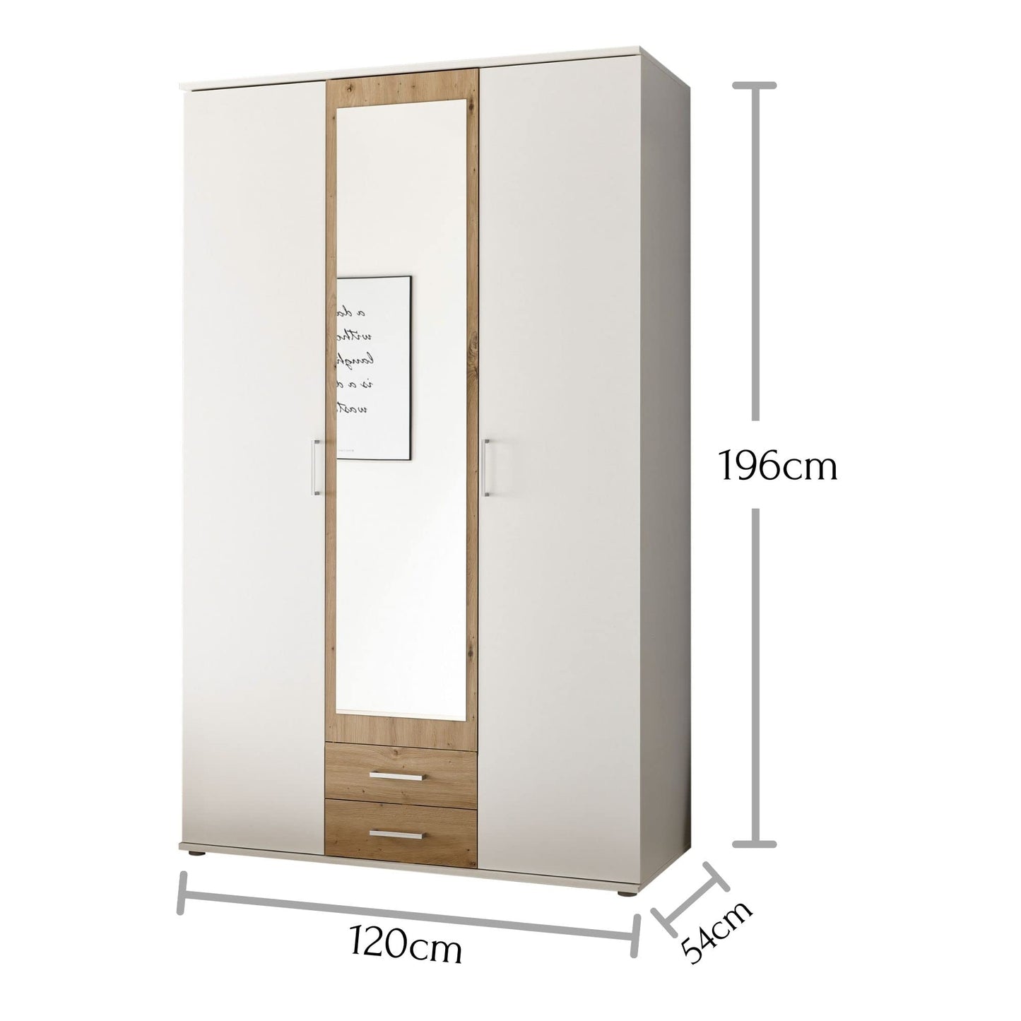 Stella Trading HANAU Wardrobe with Mirror Door in White, Graphite, Versatile Hinged Door Cupboard, 4 Doors for Your Bedroom, 160 x 196 x 54 cm (W x H x D)